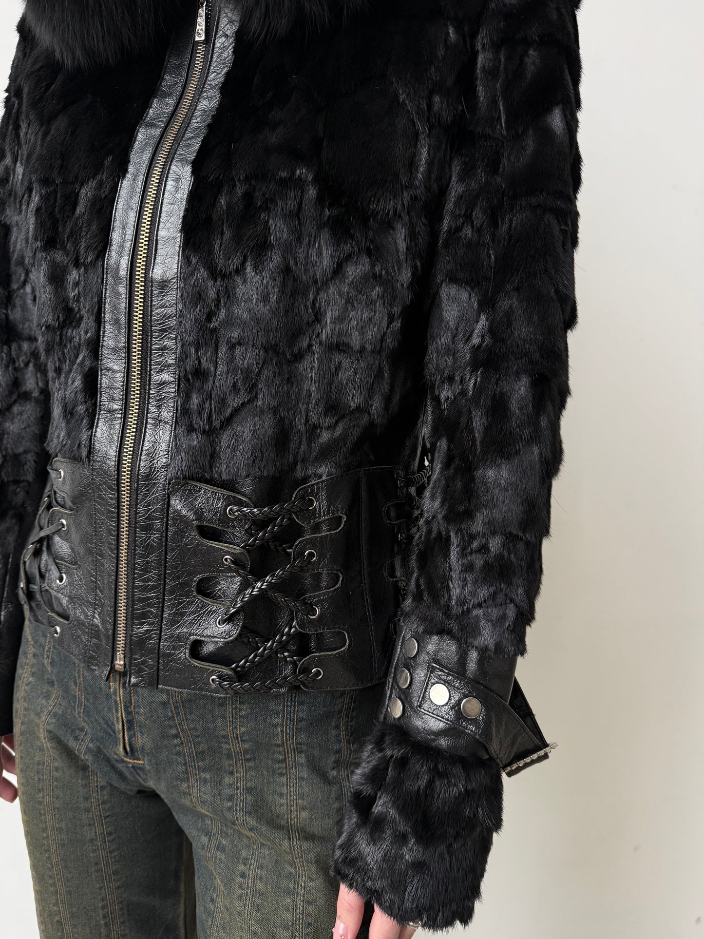 Vintage Leather & Real Fur Lace-Up Jacket TWINKLING GLOBAL
