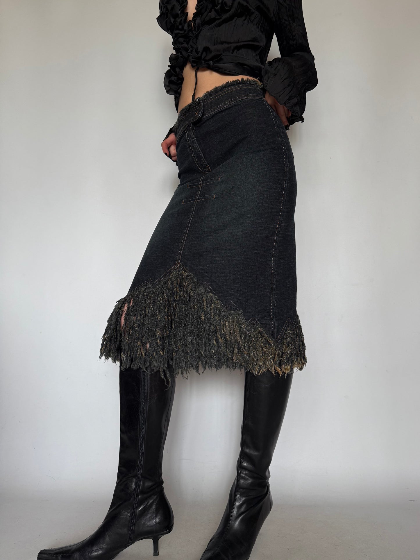 Vintage Denim Skirt with Fringe Hem Twinkling Global