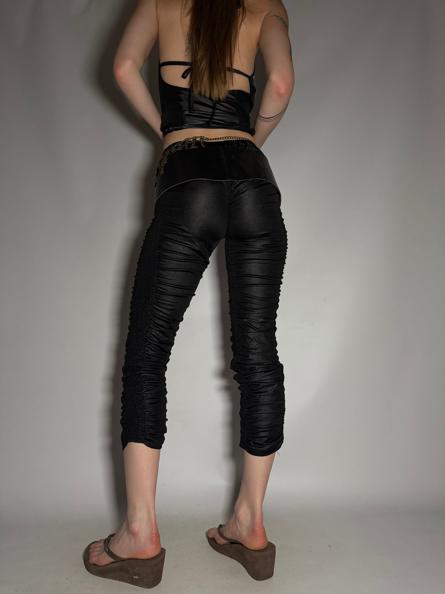 Y2K Black Ruched Capri Pants with Shiny Stretch Fabric Twinkling