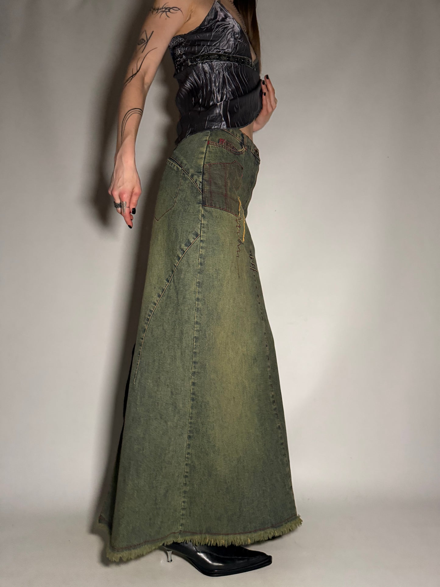 Vintage Maxi Denim Skirt with Flower Print and Contrast Stitching TWINKLING