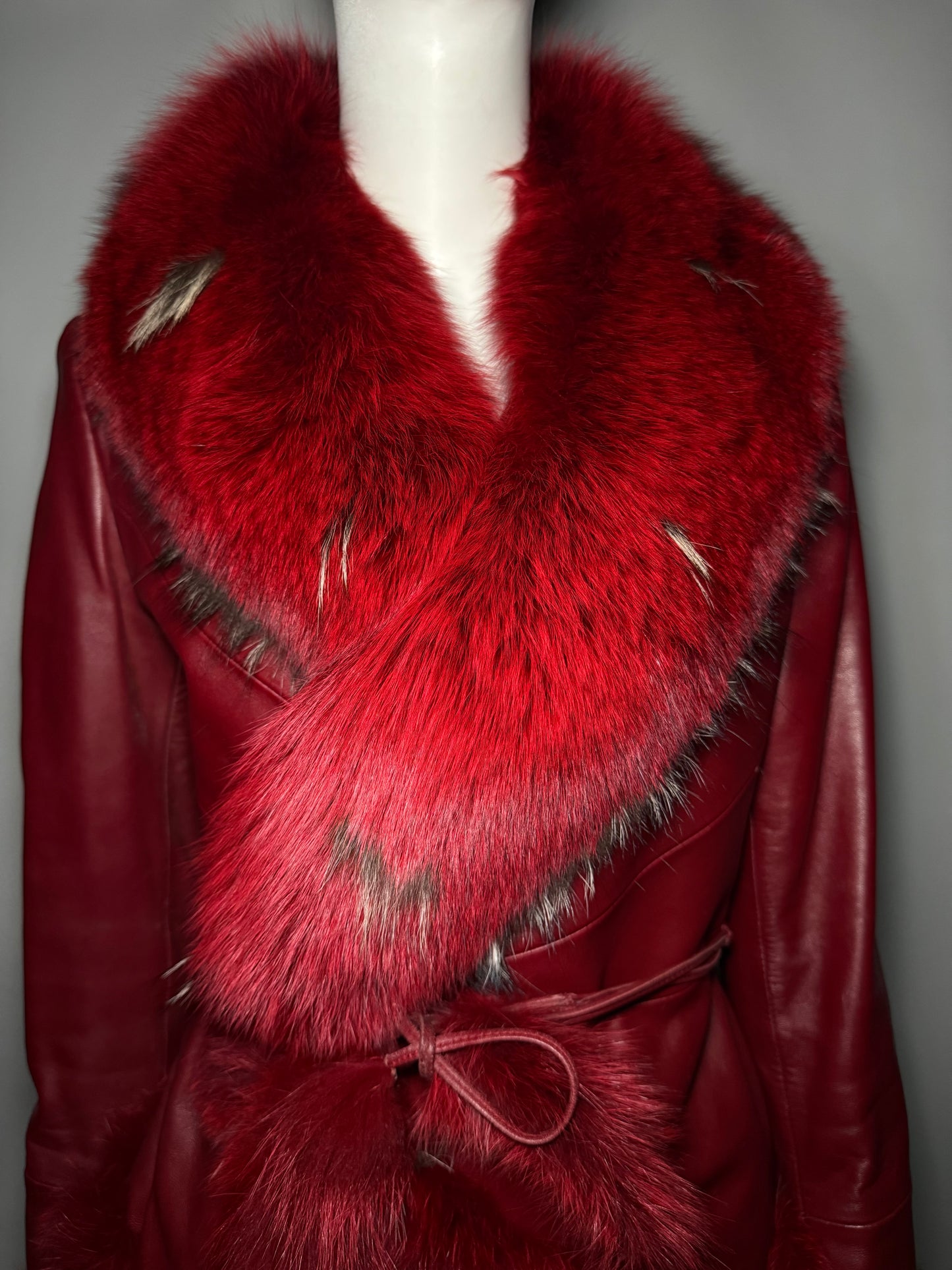 Vintage Red Leather Wrap Jacket with Real Fur TWINKLING GLOBAL