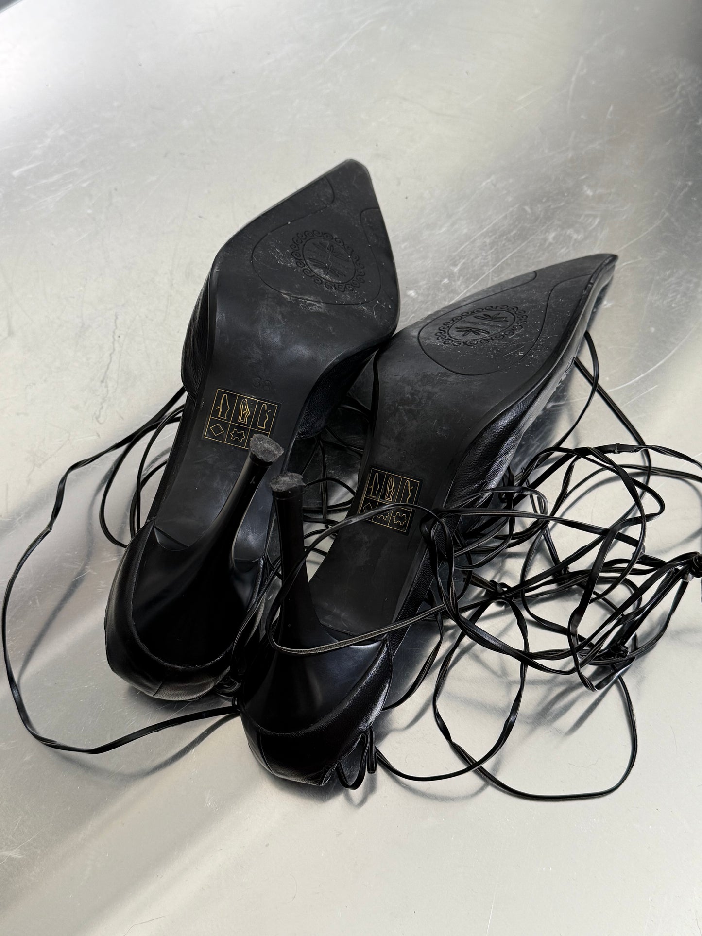 Vintage Black Leather Heels with Lace-Up Straps  Twinkling