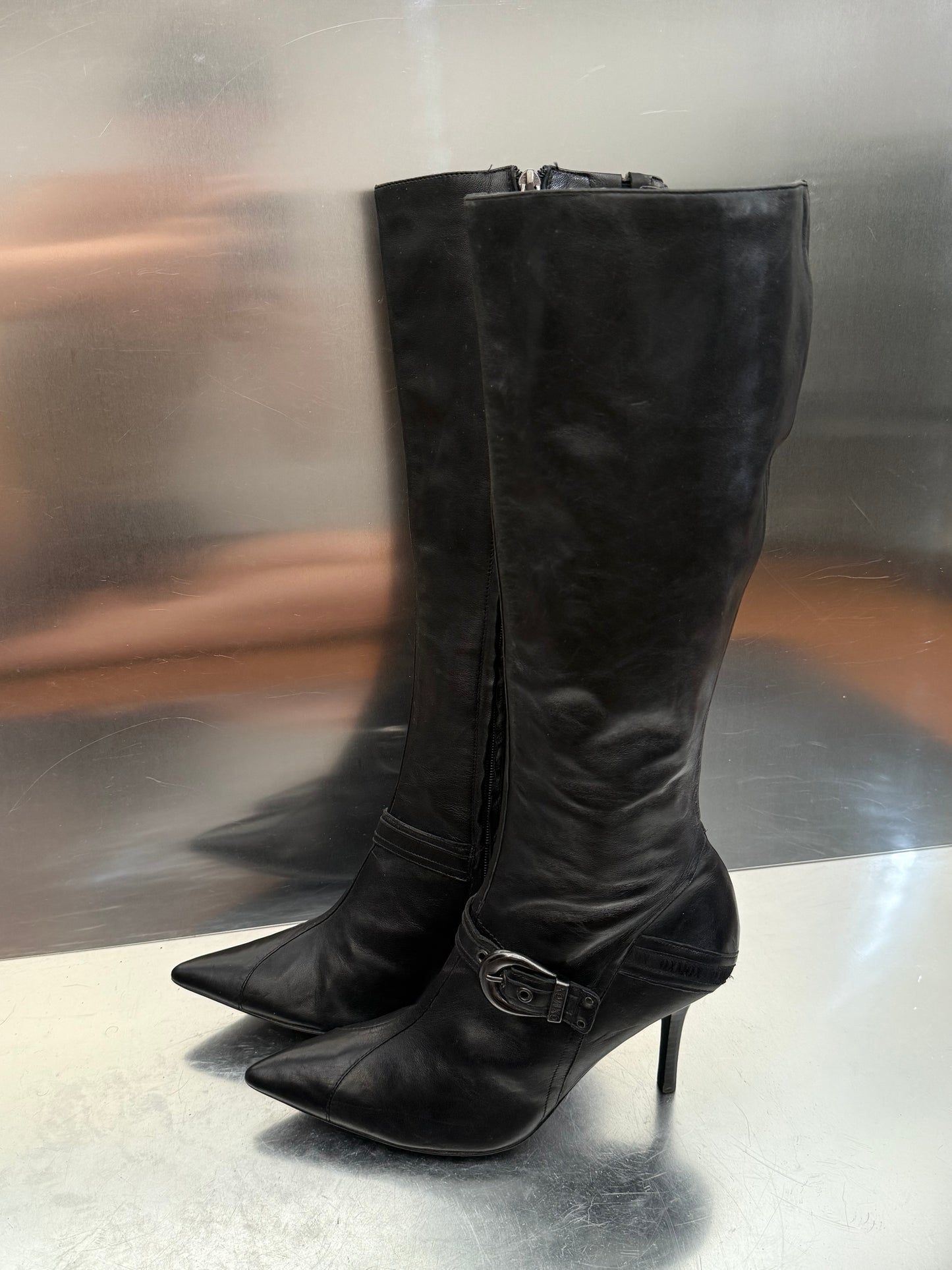 Vintage Black Leather High Boots with Buckle Detail OXMOX Twinkling Global