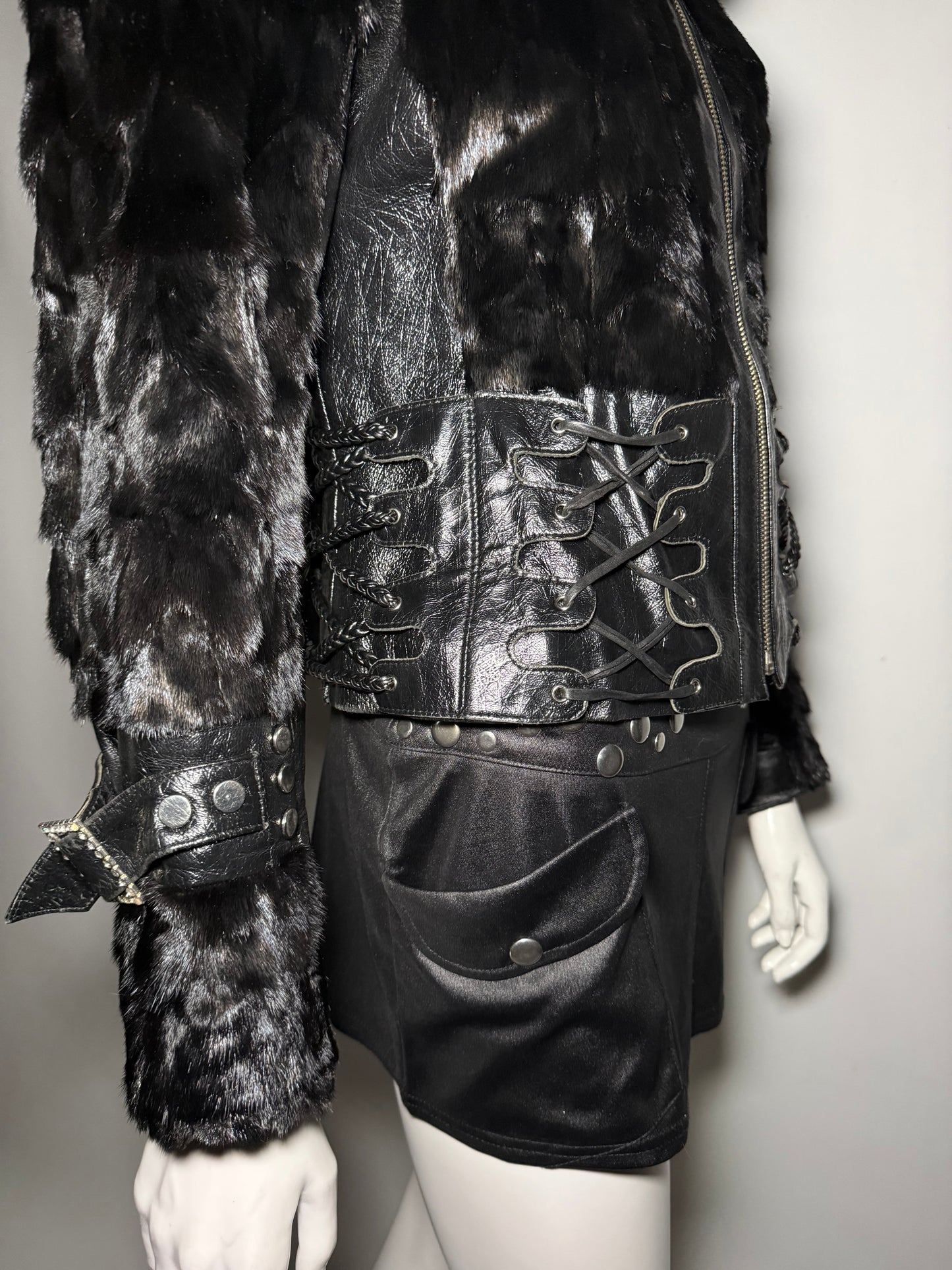 Vintage Leather & Real Fur Lace-Up Jacket TWINKLING GLOBAL