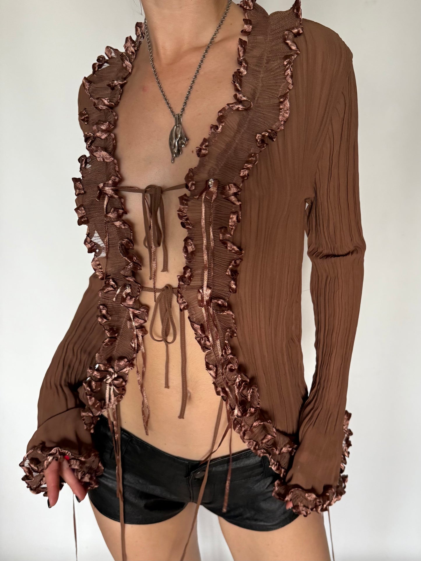 Vintage Cocoa Ruffle Tie-Front Blouse Twinkling Global