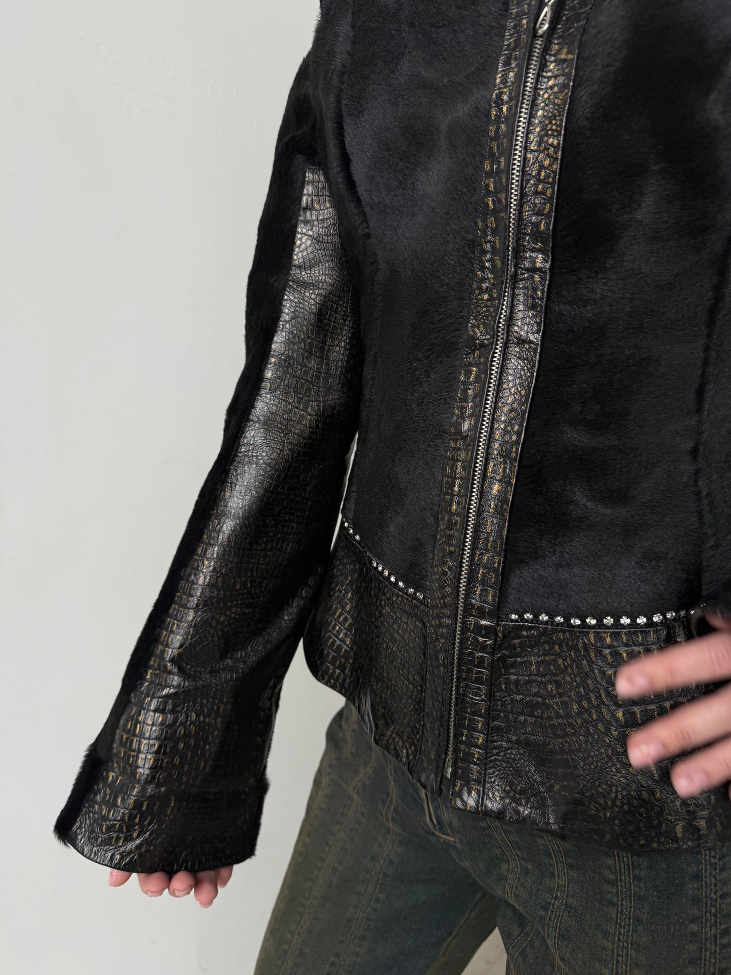 Vintage fitted leather jacket with pony fur TWINKLING GLOBAL