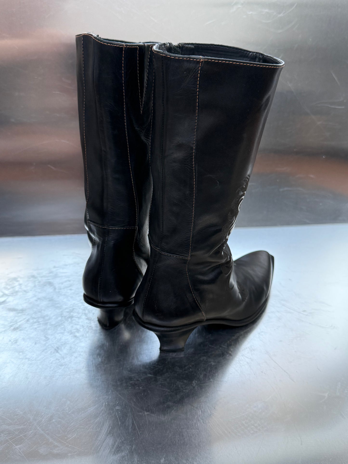 Vintage Black Leather Boots with Tribal Detail Twinkling Global