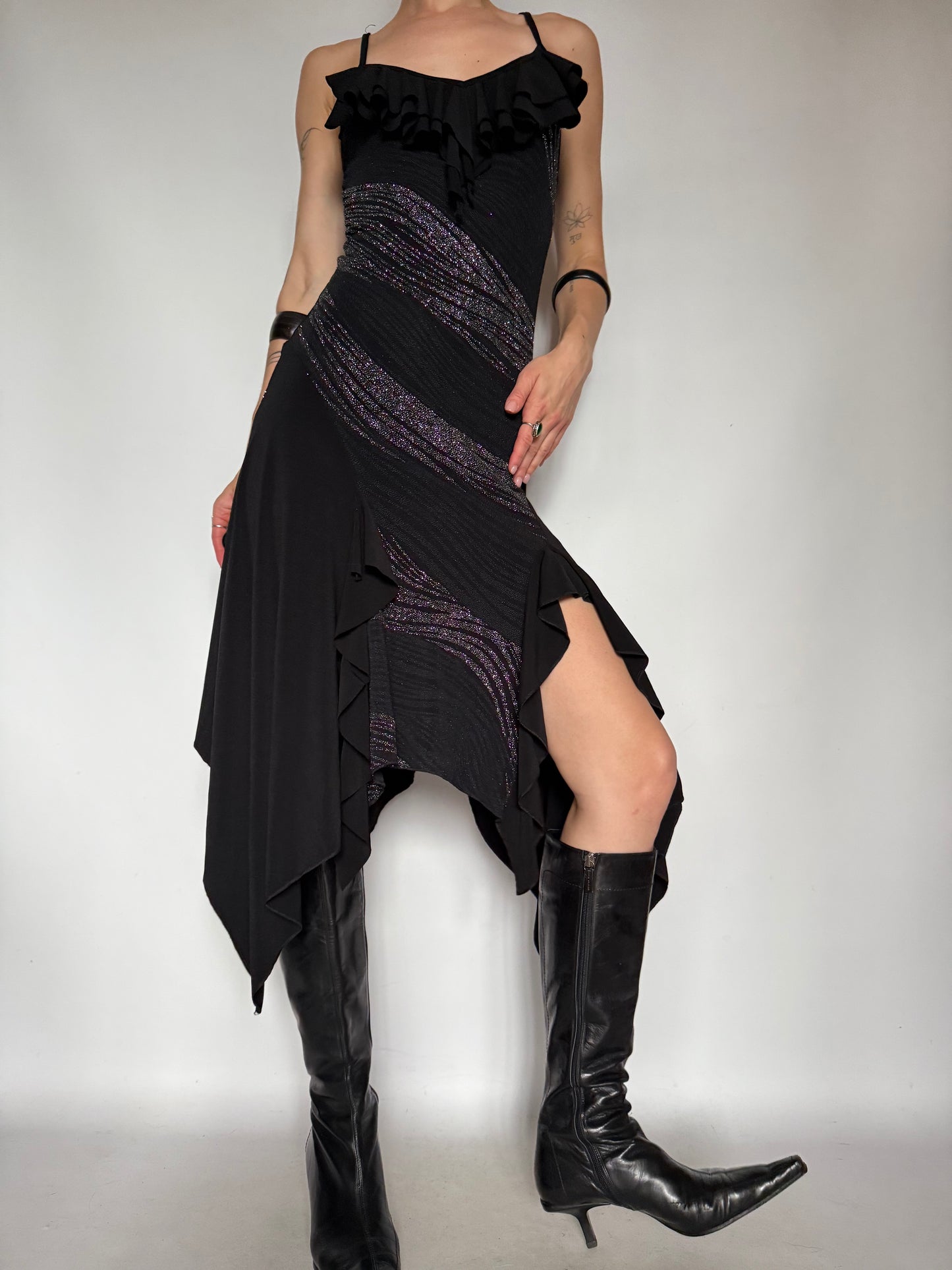 Vintage Black Asymmetrical Midi Dress with Metallic Stripes – Twinkling Global