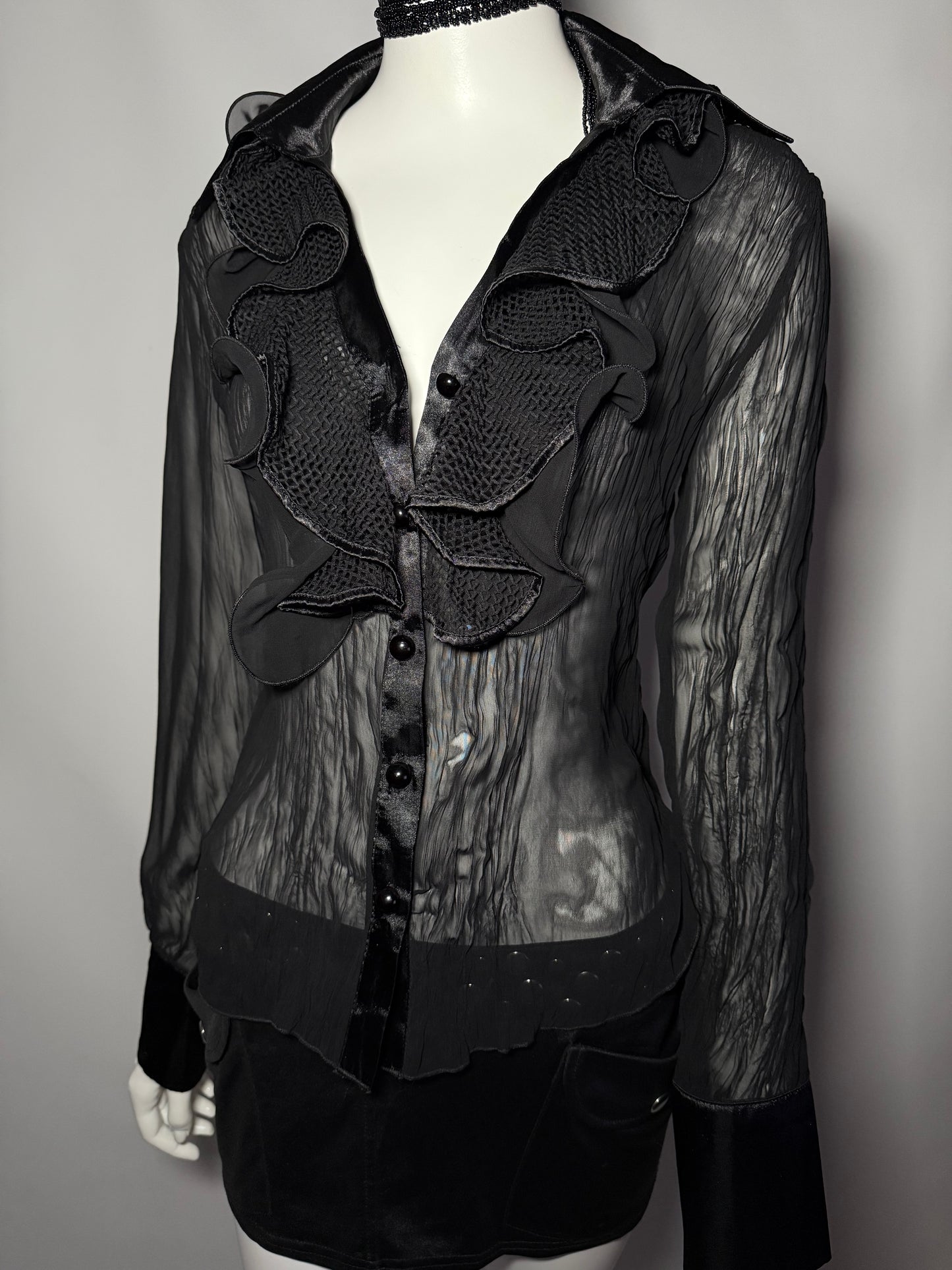 Sheer Black Ruffle Blouse with Textured Details TWINKLING