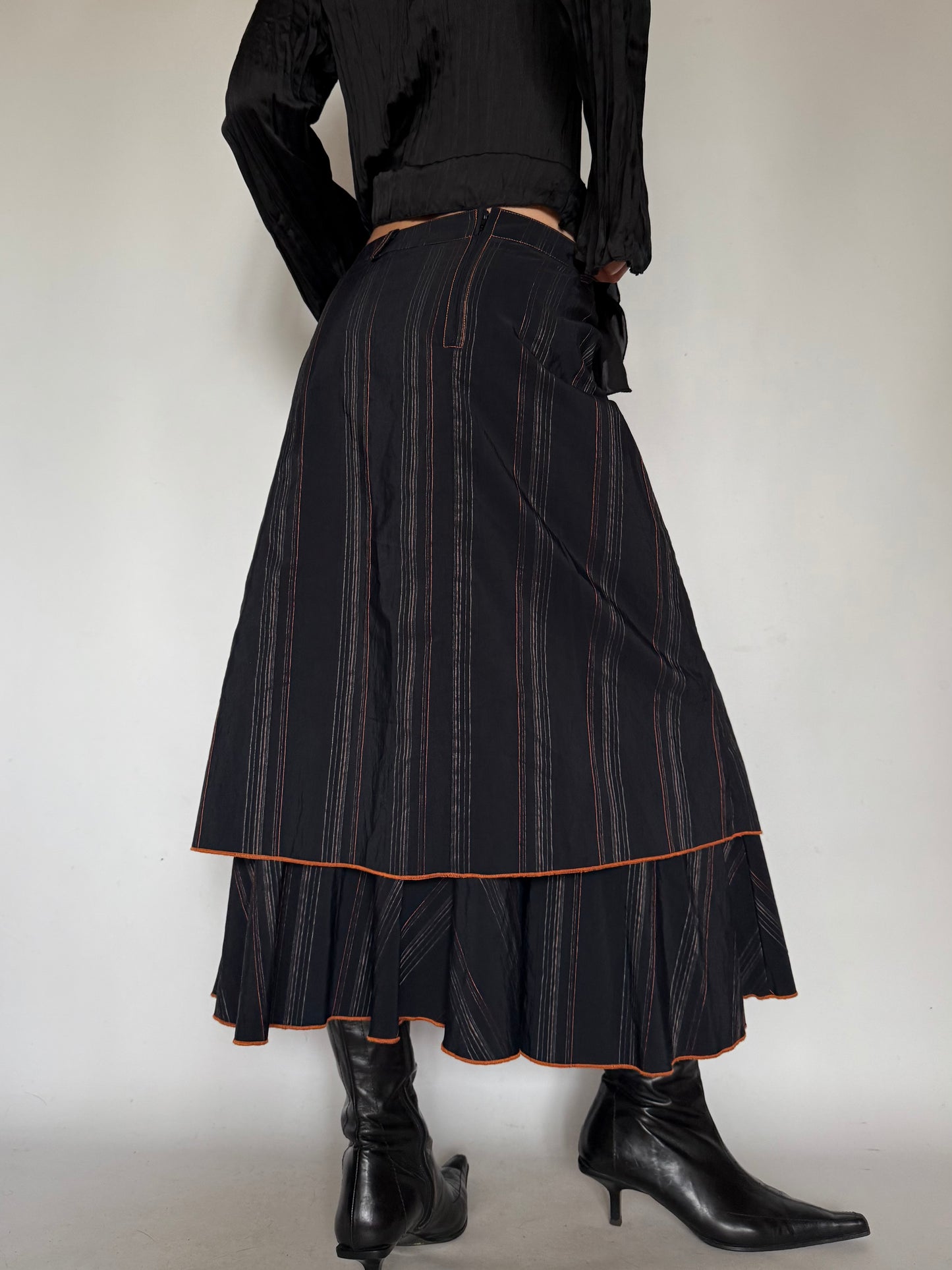 Vintage Black Striped Midi Skirt with Orange Hem Twinkling Global