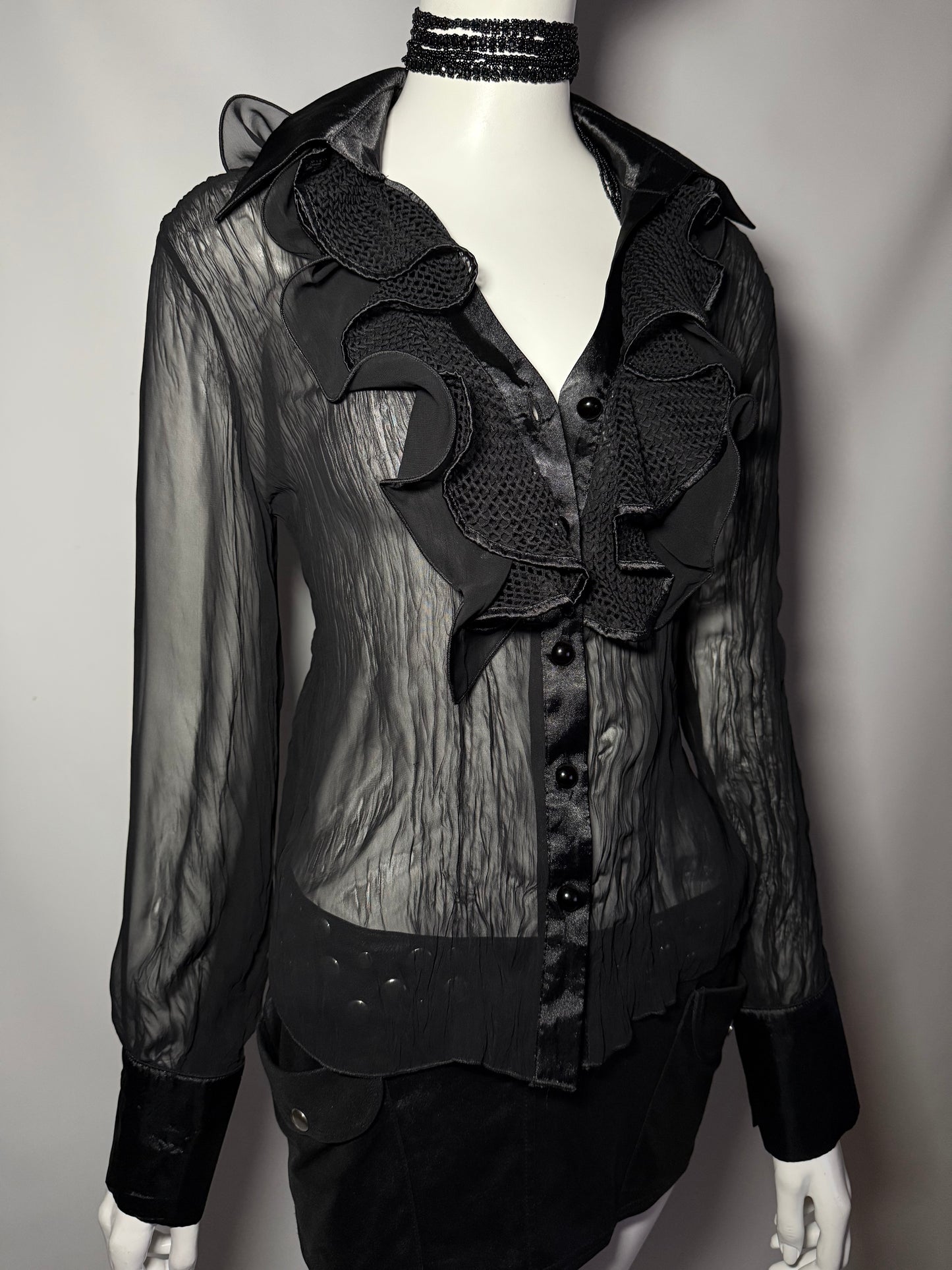 Sheer Black Ruffle Blouse with Textured Details TWINKLING