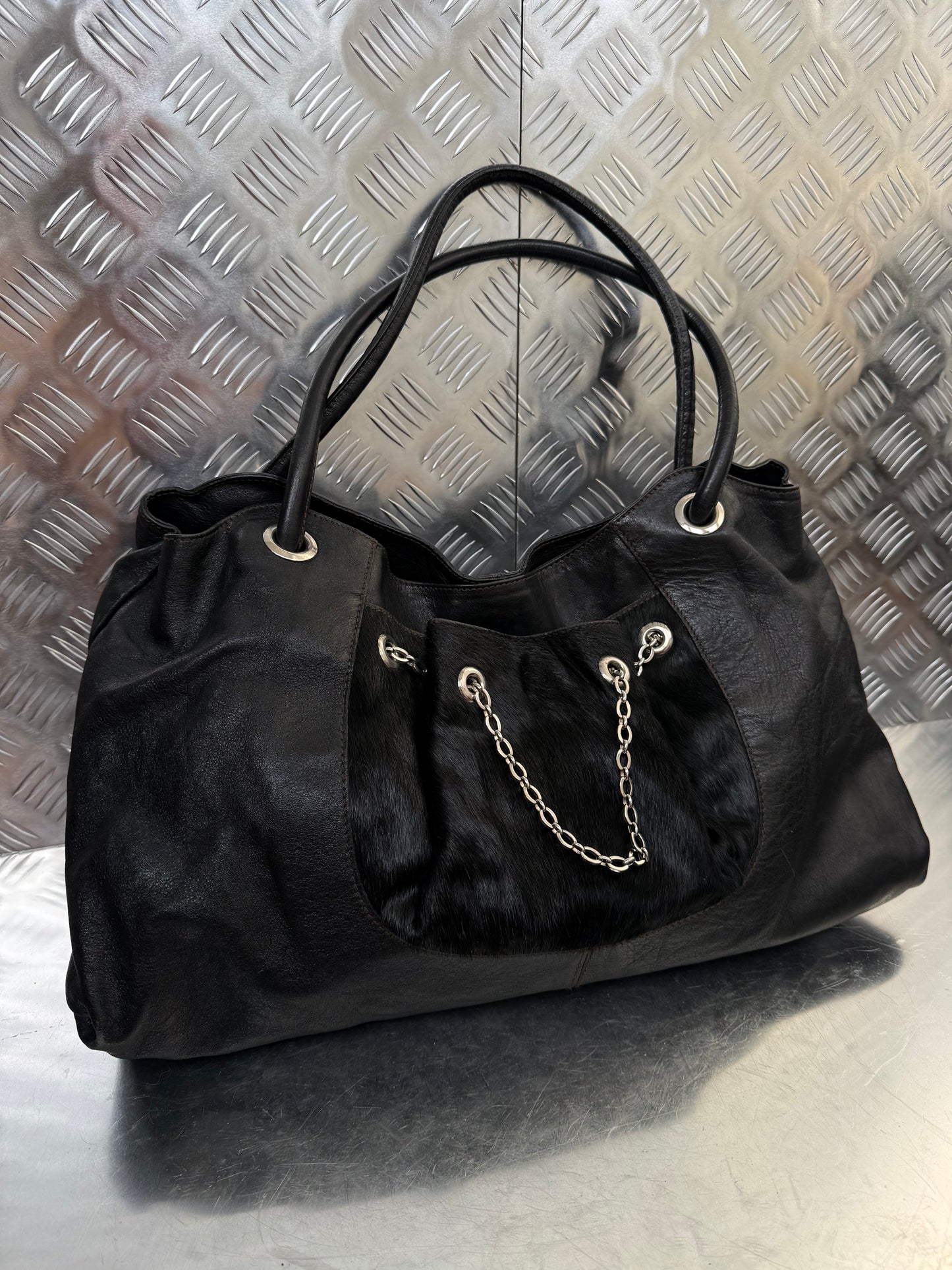 Vintage Furla Leather Bag with Pony Hair Detail Twinkling Global