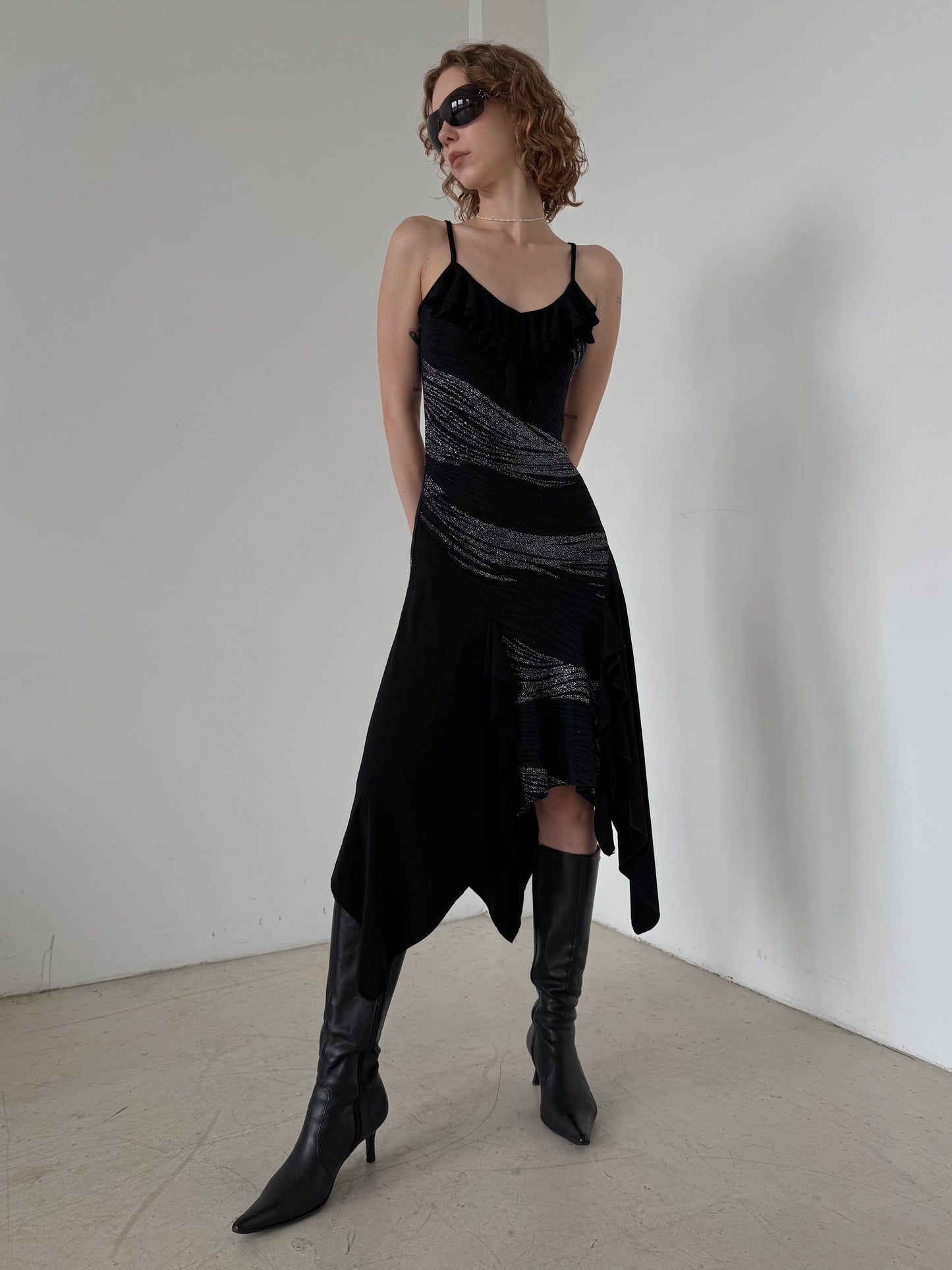 Vintage Black Asymmetrical Midi Dress with Metallic Stripes – Twinkling Global