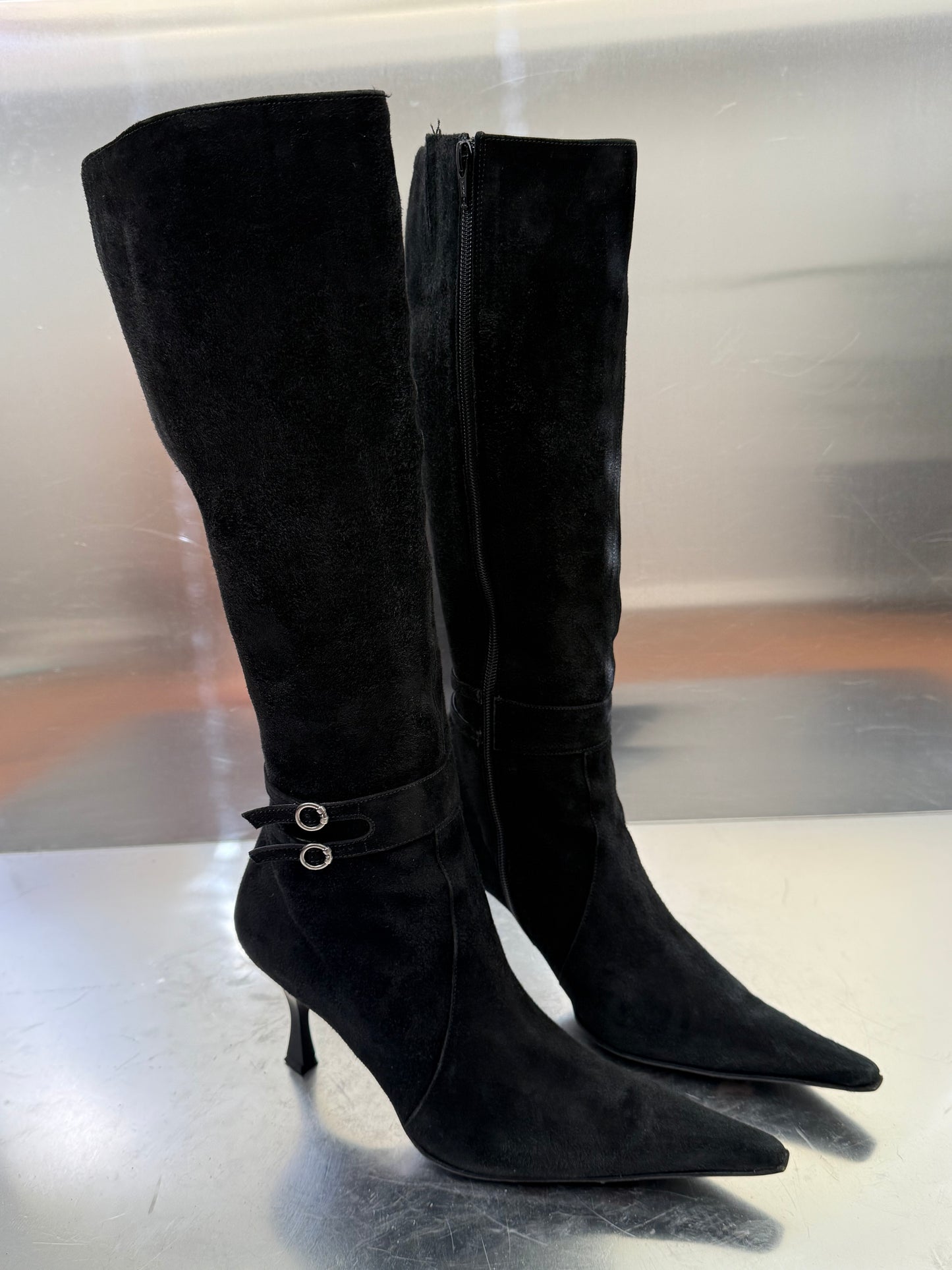 Vintage Black Suede Leather High Boots Made in Italy Twinkling Global