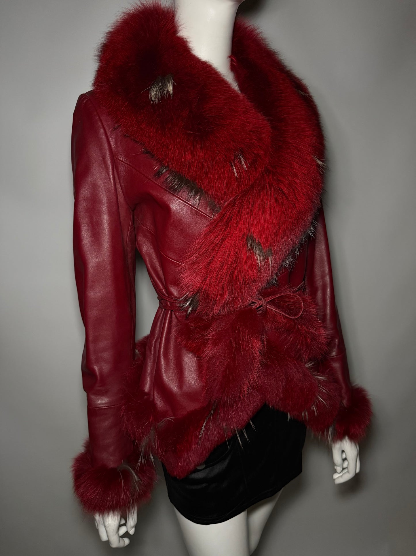 Vintage Red Leather Wrap Jacket with Real Fur TWINKLING GLOBAL