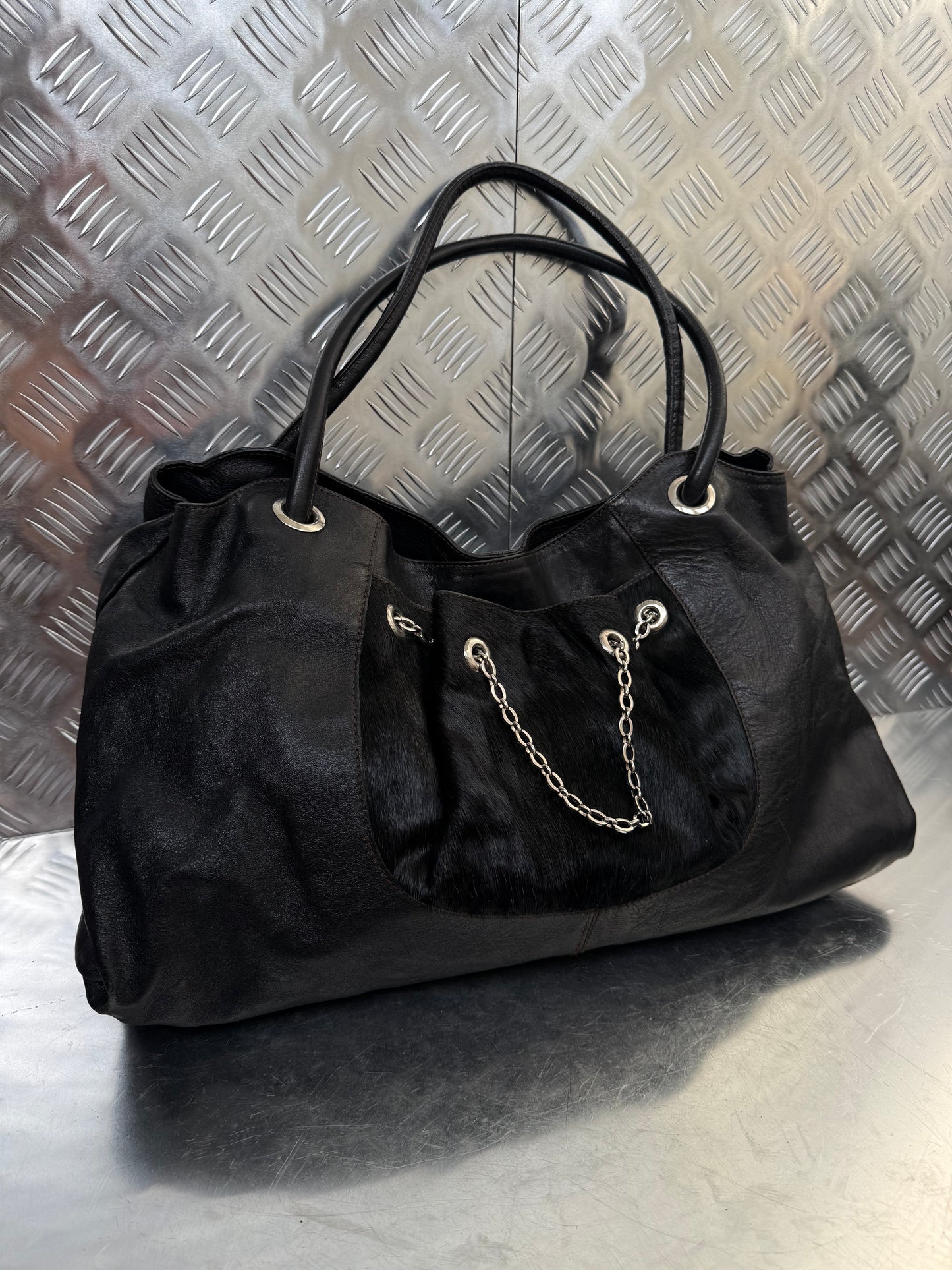 Vintage Furla Leather Bag with Pony Hair Detail Twinkling Global