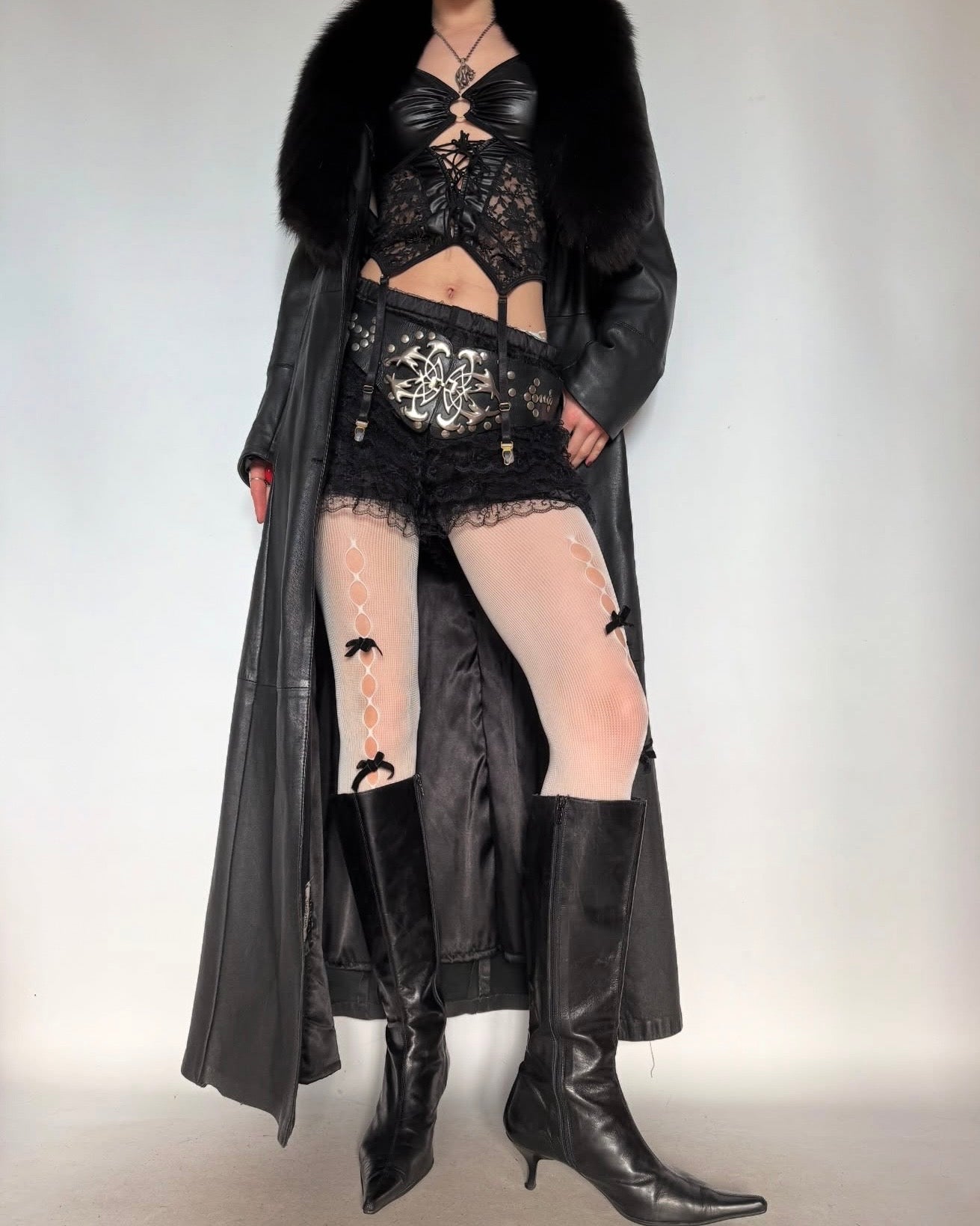 Vintage leather long coat with removable fur collar Twinkling Global