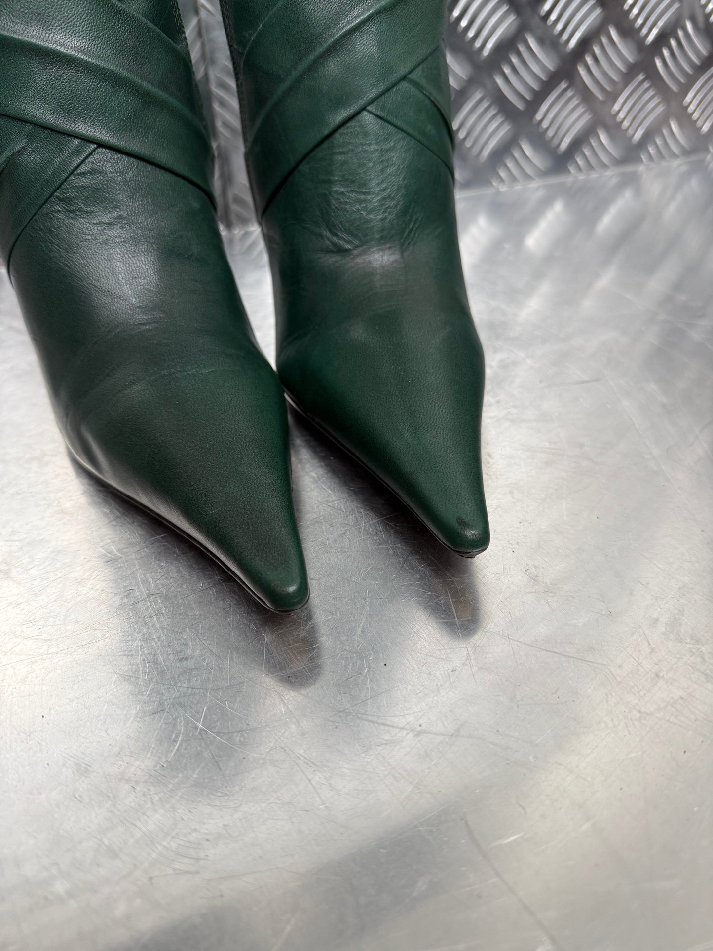 Vintage Dark Green Leather Heeled Boots FAITH TWINKLING GLOBAL
