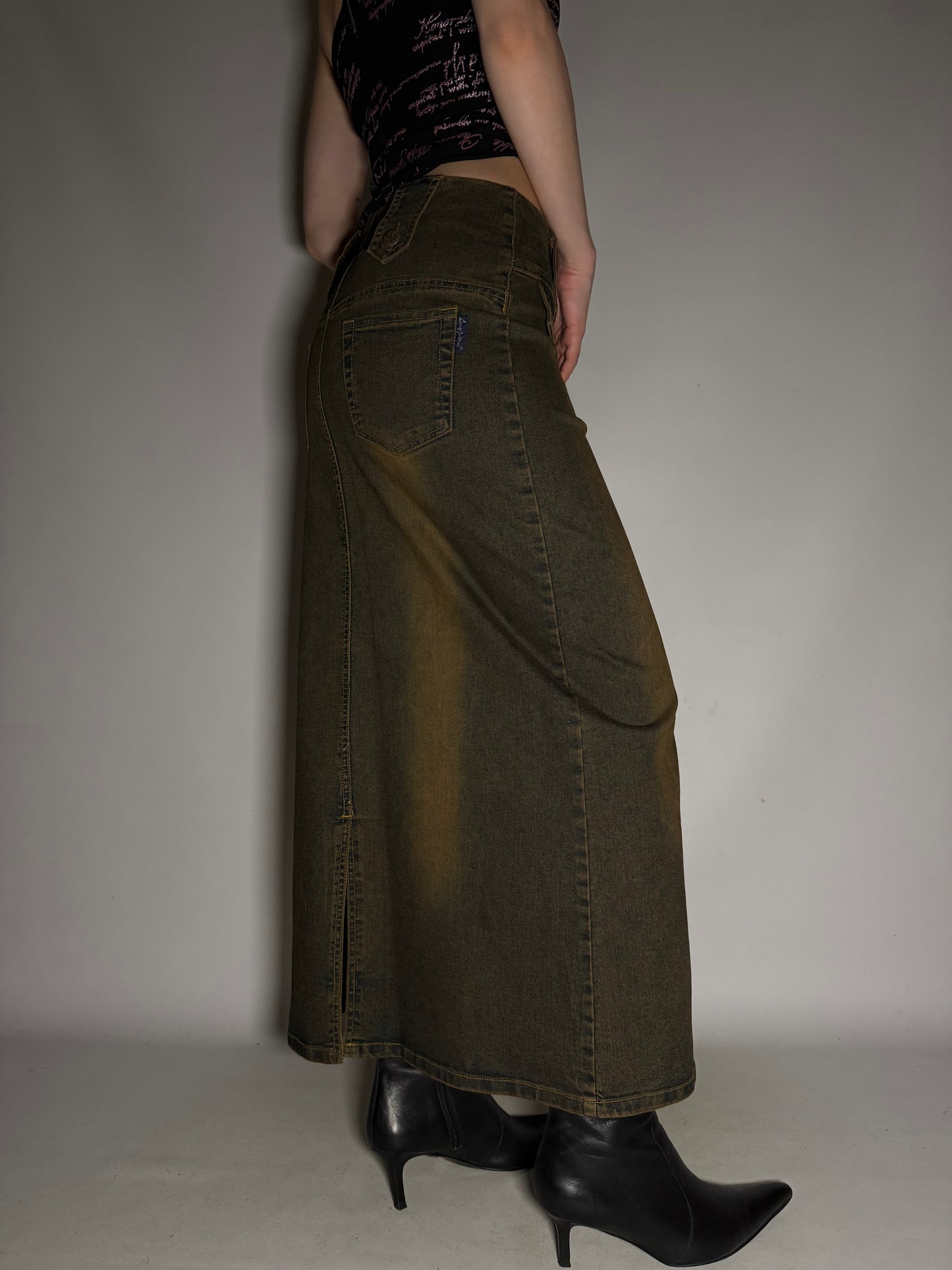 Rust-Toned Stretch Denim Maxi Skirt  Twinkling