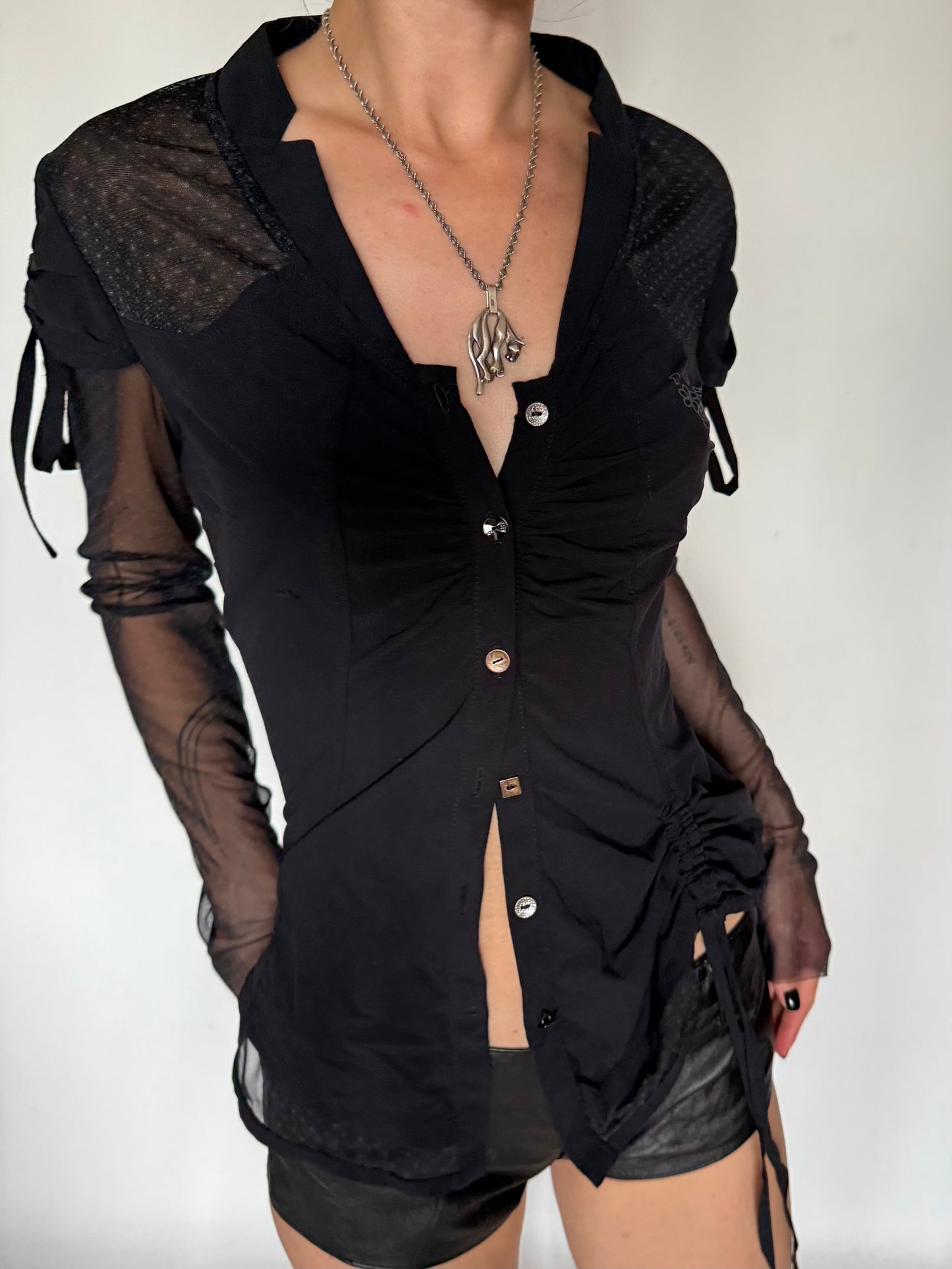 Vintage Ruched Mixed-Fabric Button Shirt Black Twinkling Global