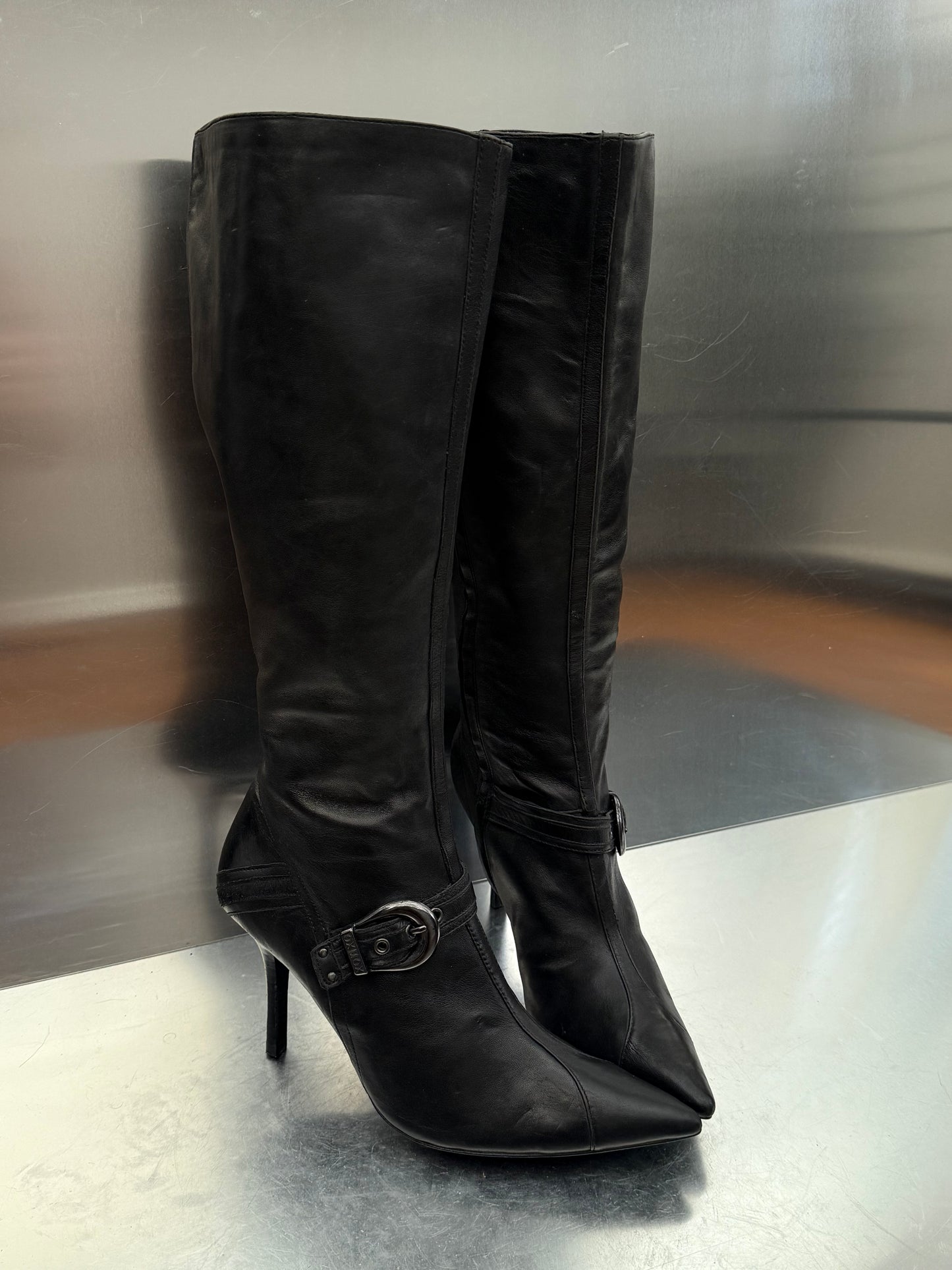 Vintage Black Leather High Boots with Buckle Detail OXMOX Twinkling Global