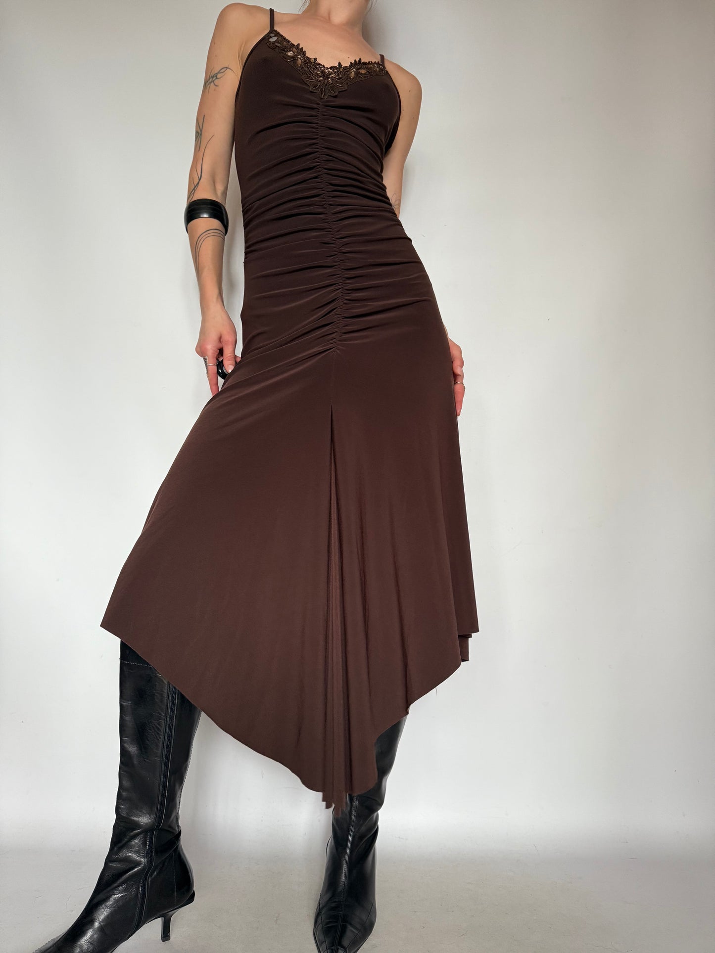 Vintage Brown Ruched Asymmetrical Dress – Twinkling Global