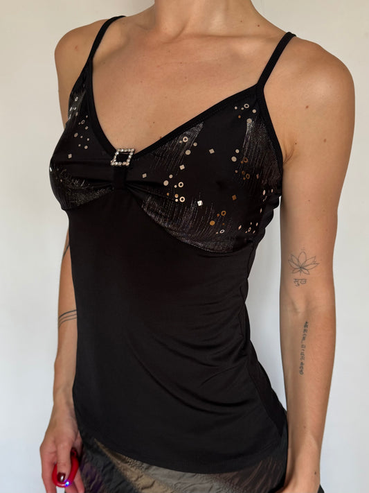 Y2K Black Stretchy Top with Rhinestone Detail  Twinkling