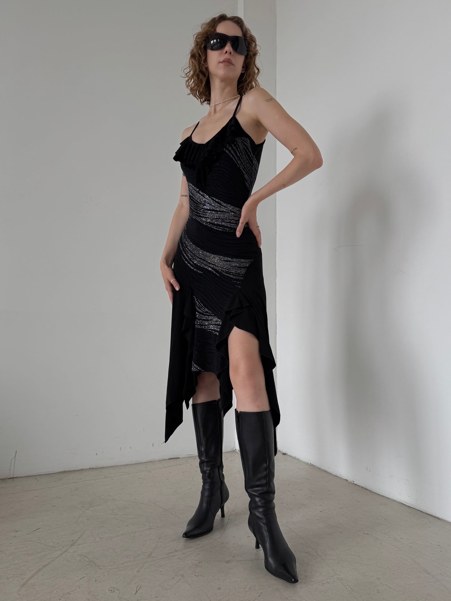Vintage Black Asymmetrical Midi Dress with Metallic Stripes – Twinkling Global