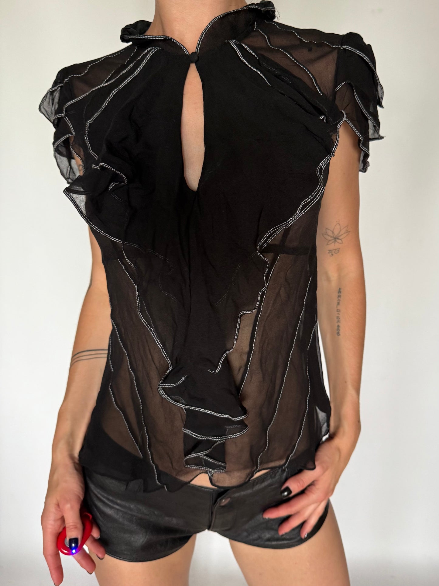 Vintage Silky Sheer Ruffle Mesh Blouse Black Twinkling Global