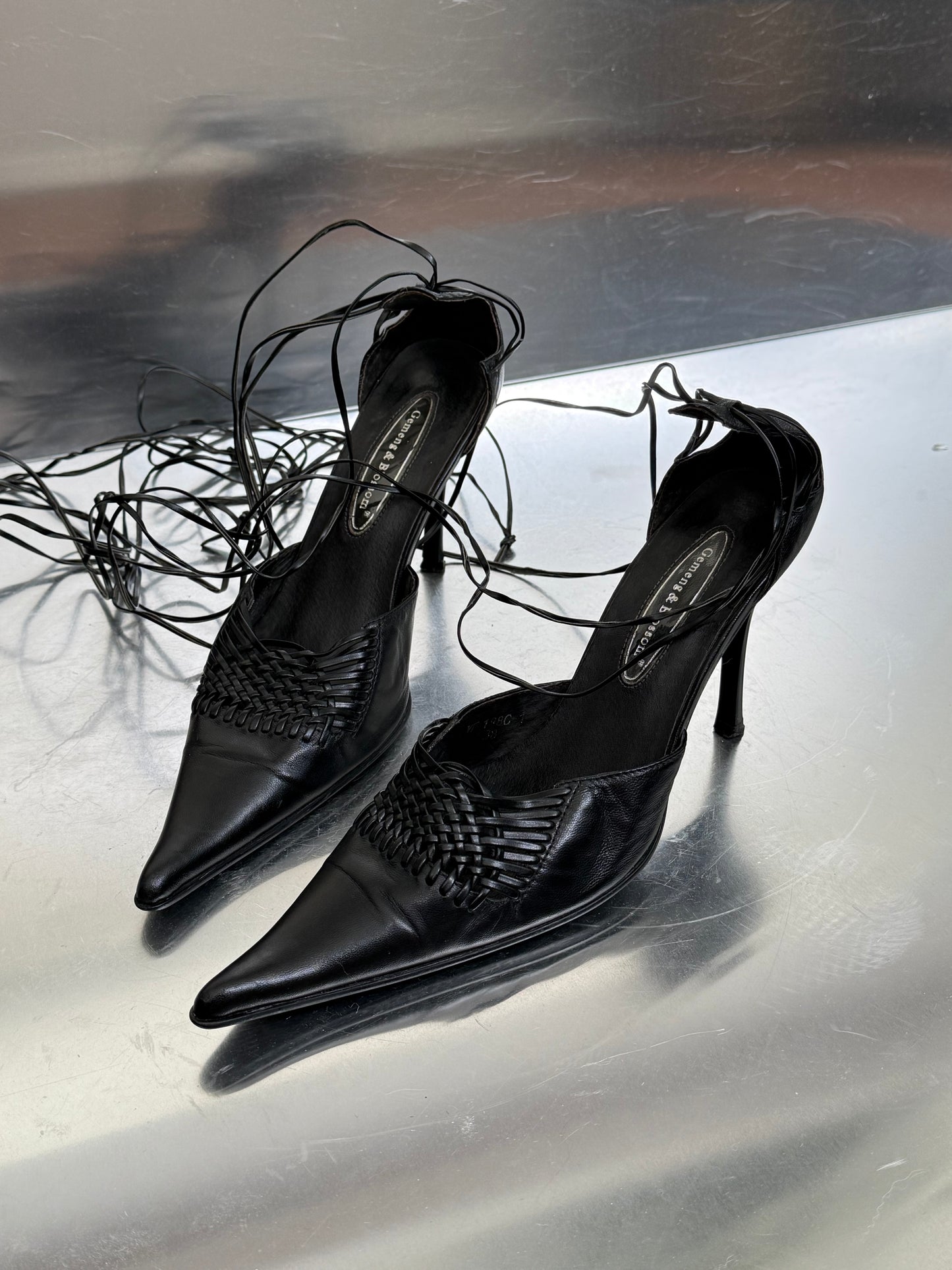 Vintage Black Leather Heels with Lace-Up Straps  Twinkling