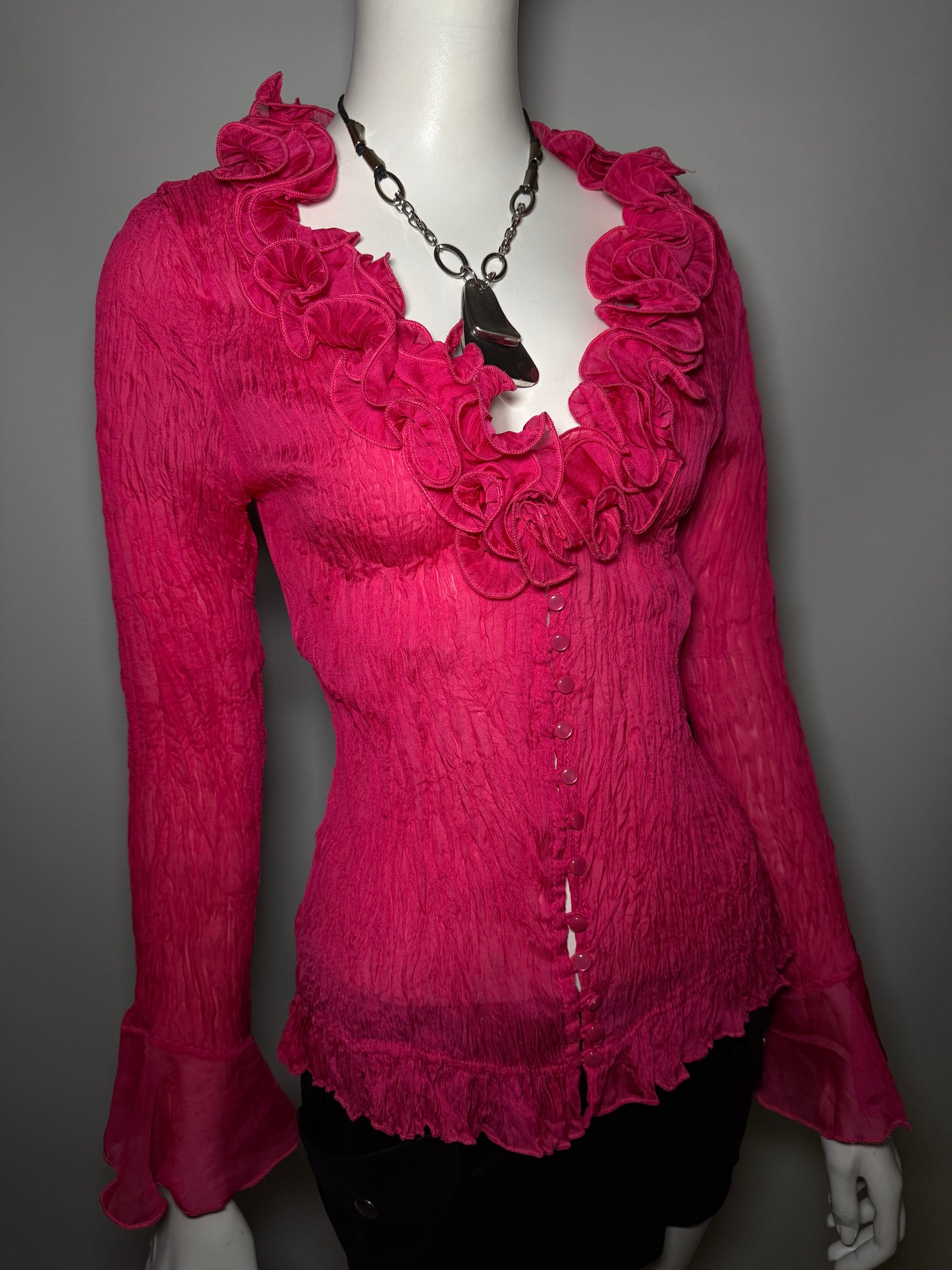 Vintage Crinkled Fuchsia Blouse with Ruffles Twinkling Global
