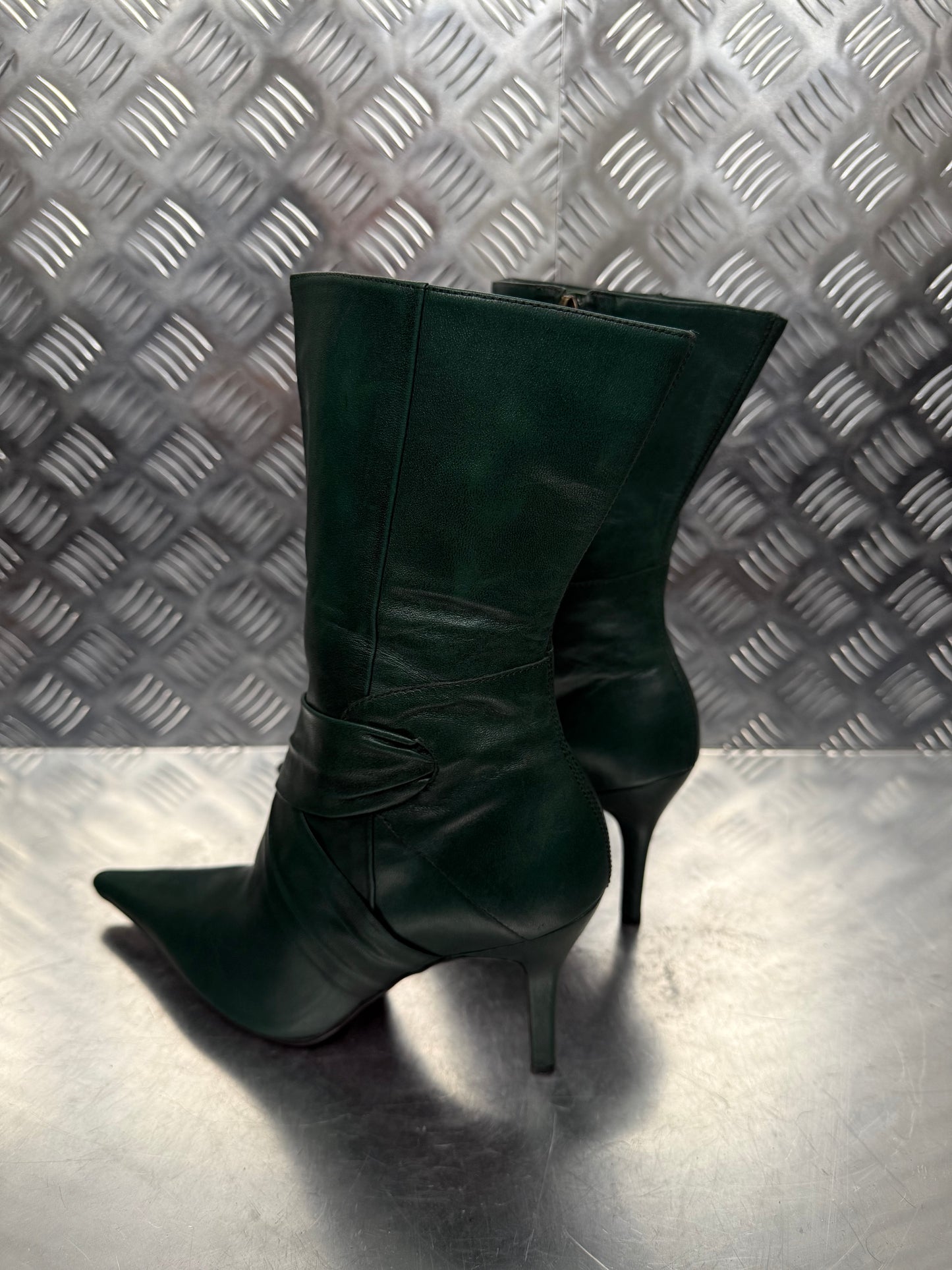 Vintage Dark Green Leather Heeled Boots FAITH TWINKLING GLOBAL
