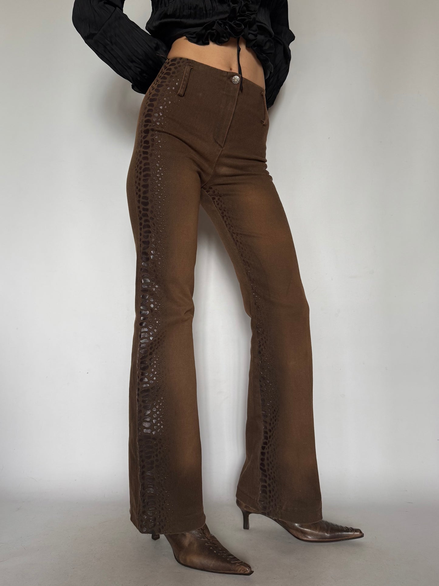 Vintage Brown Snake-Effect Flare Pants Twinkling Global