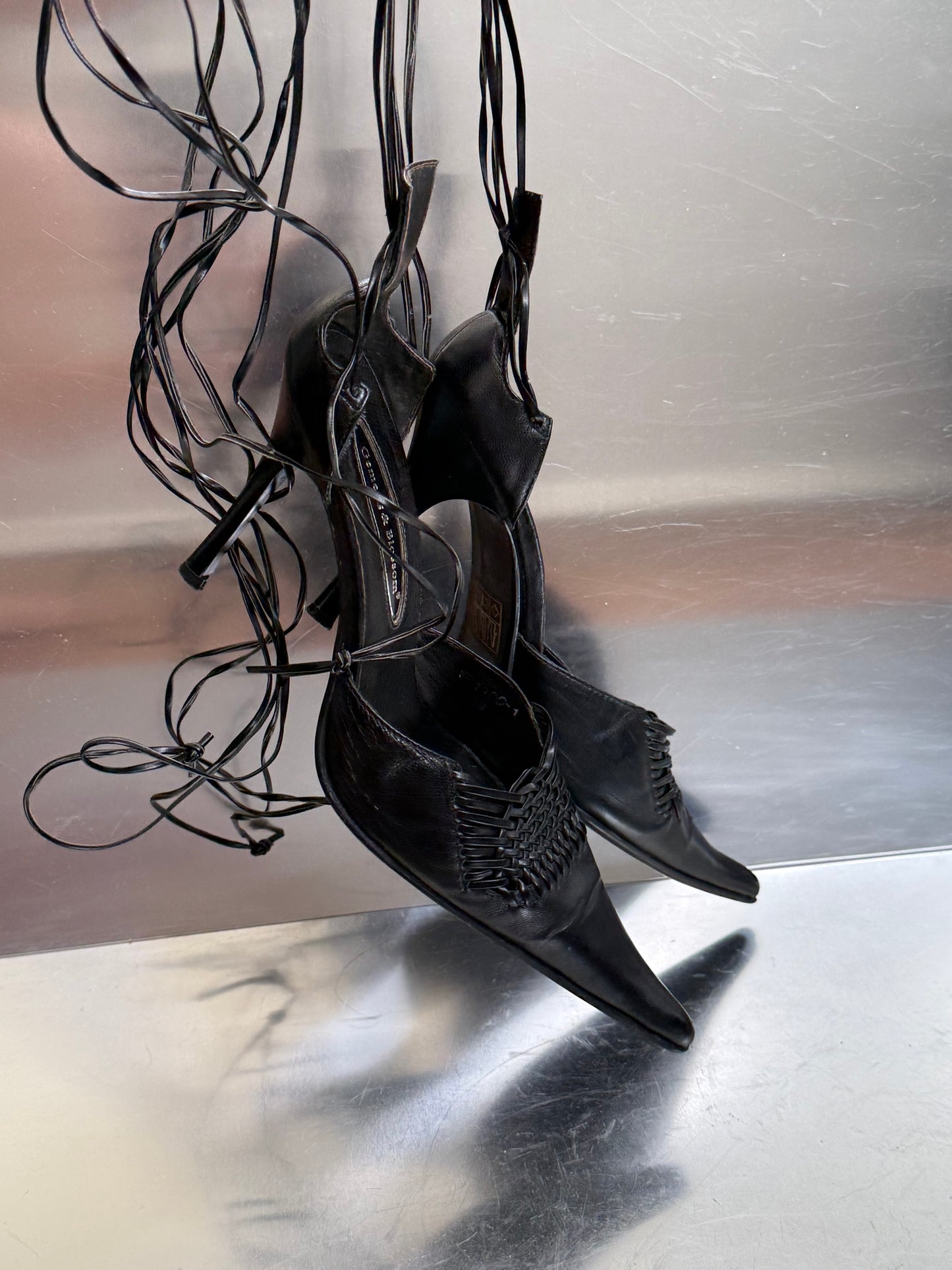 Vintage Black Leather Heels with Lace-Up Straps  Twinkling