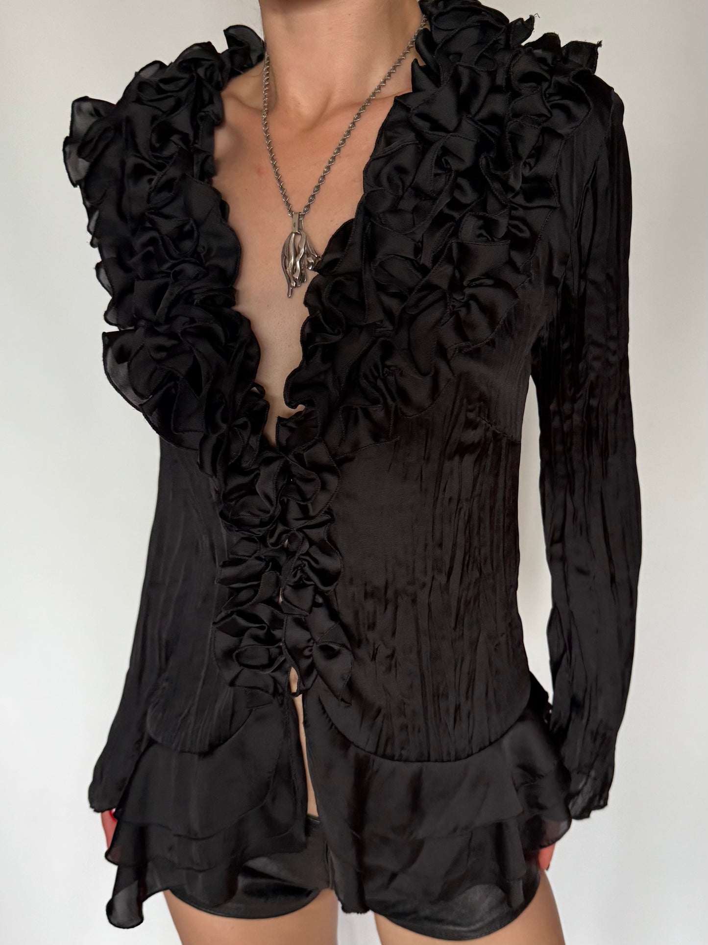 Vintage Satin Ruffle Peplum Blouse Black Twinkling Global
