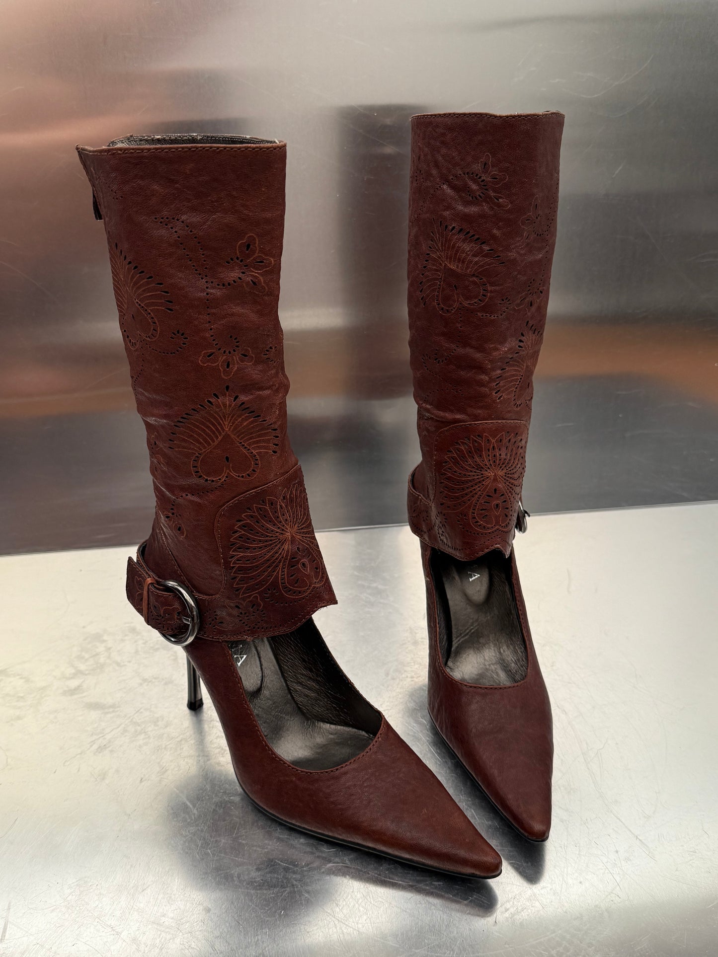 Vintage Brown Leather Gaiter-Style Pump Boots Twinkling Global