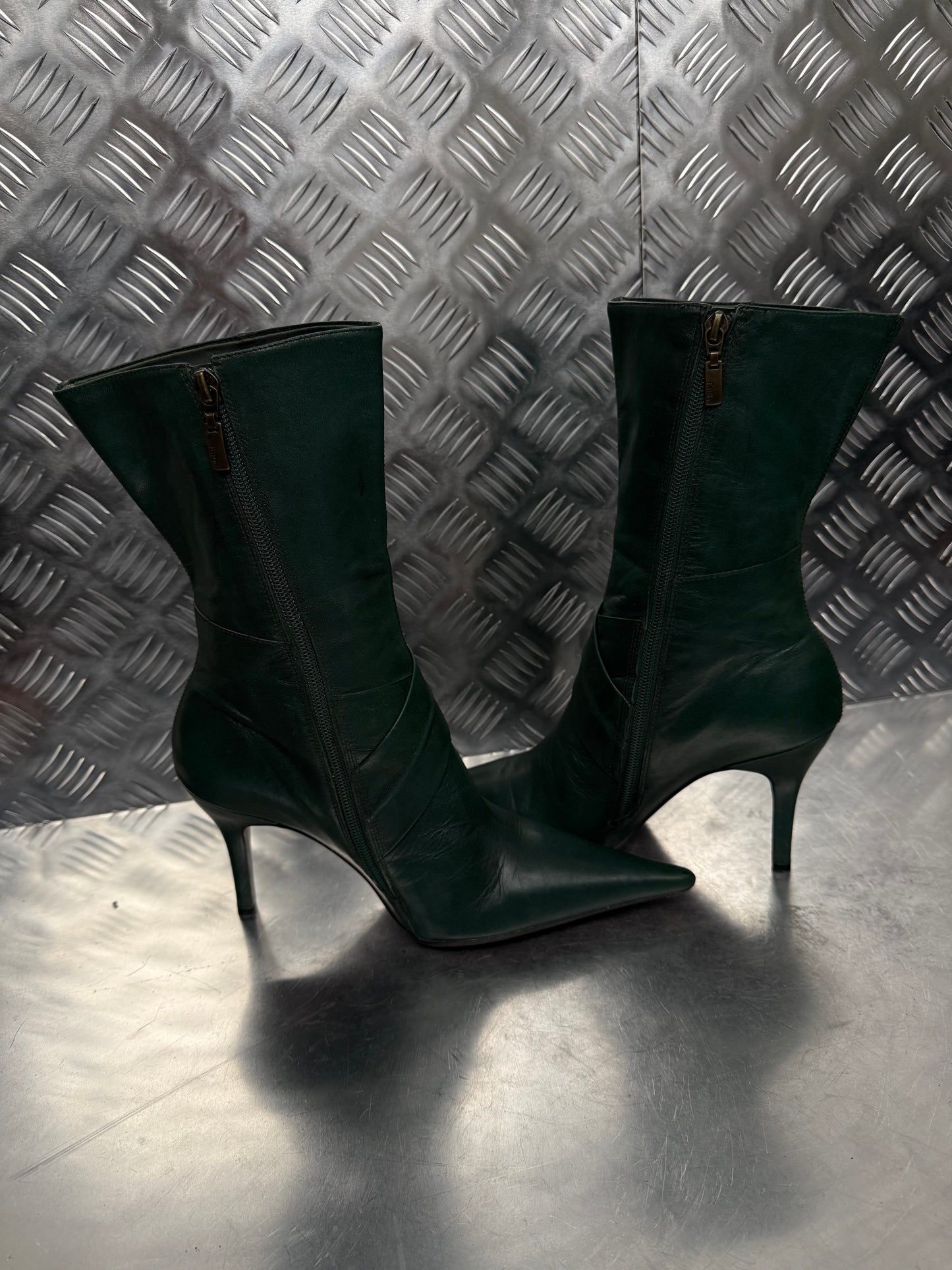 Vintage Dark Green Leather Heeled Boots FAITH TWINKLING GLOBAL