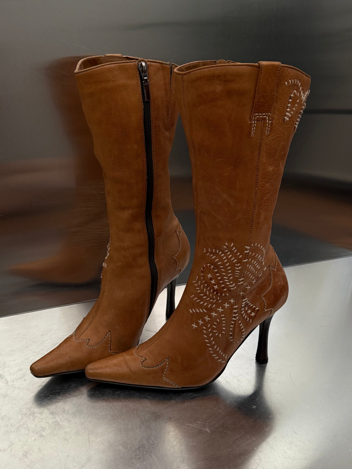Vintage River Island  Leather High-Heel Boots Twinkling Global