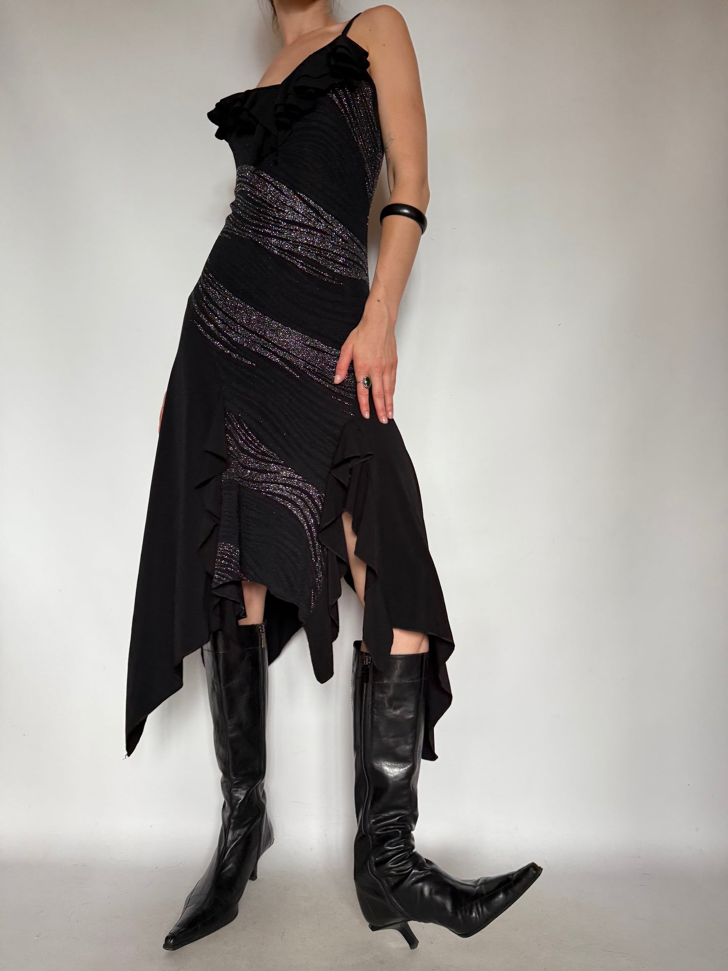 Vintage Black Asymmetrical Midi Dress with Metallic Stripes – Twinkling Global