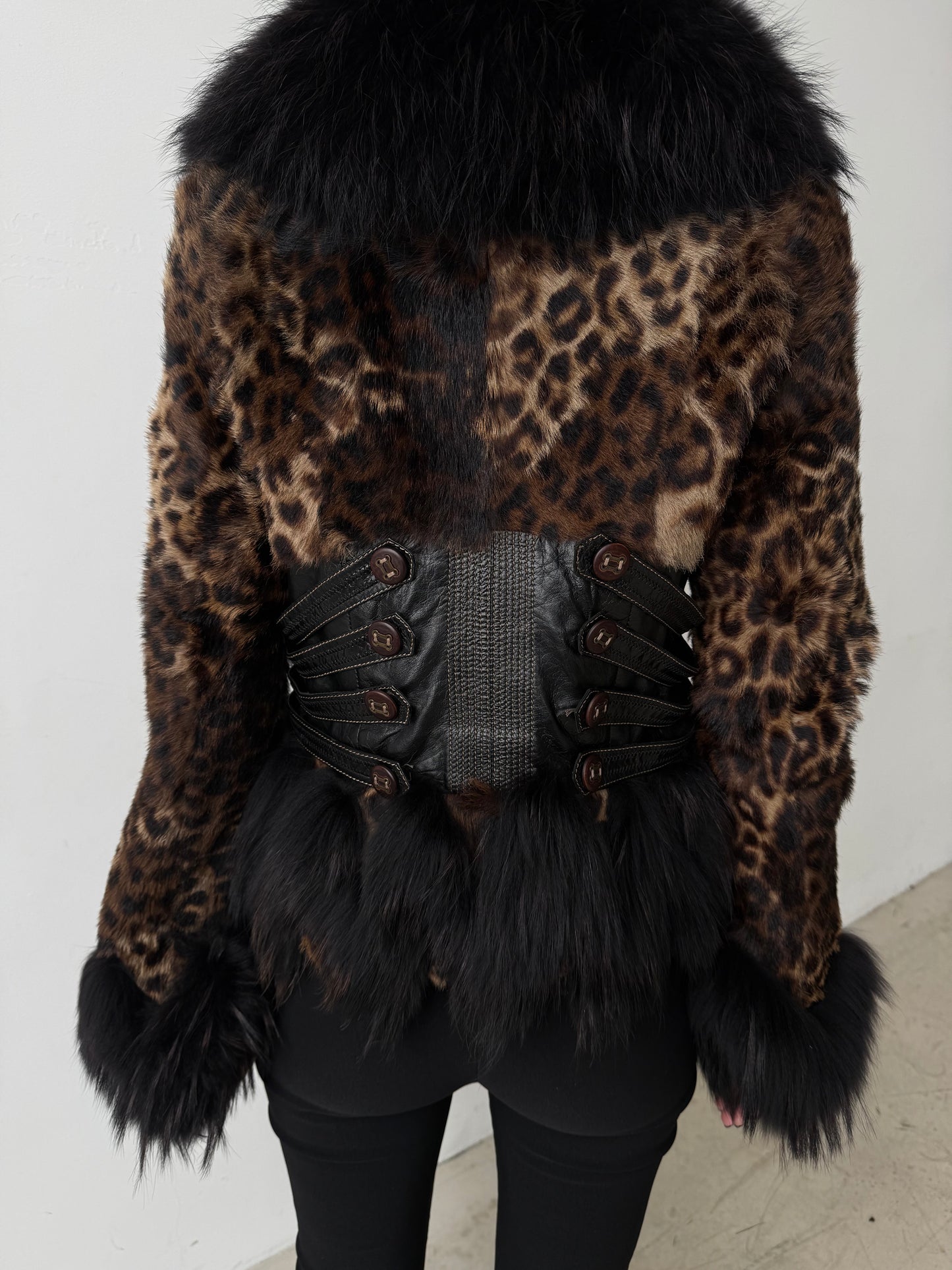Vintage leather jacket with natural fur and leopard pattern TWINKLING GLOBAL