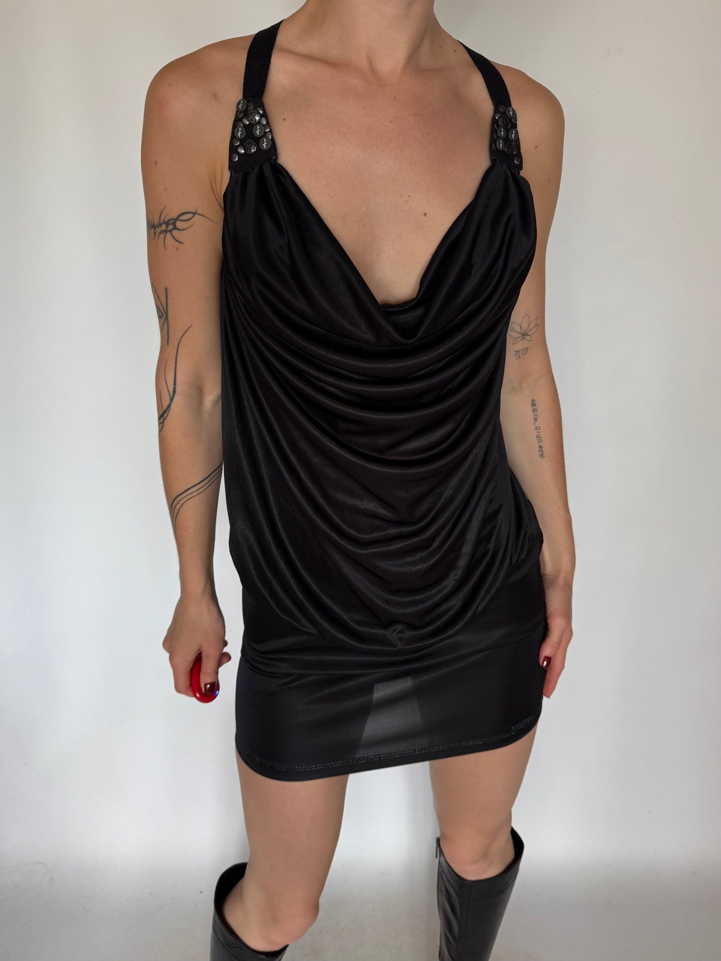 Y2K Black Stretchy Mini Dress with Cowl Neck Twinkling