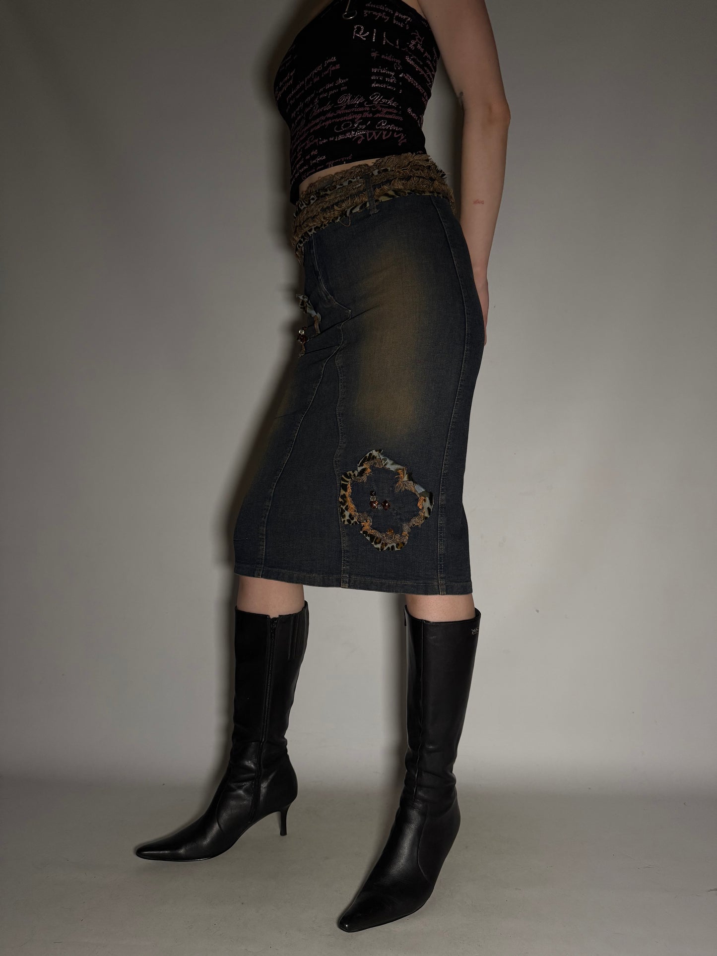 Y2K Leopard Patch Stretch Denim Pencil Skirt Twinkling