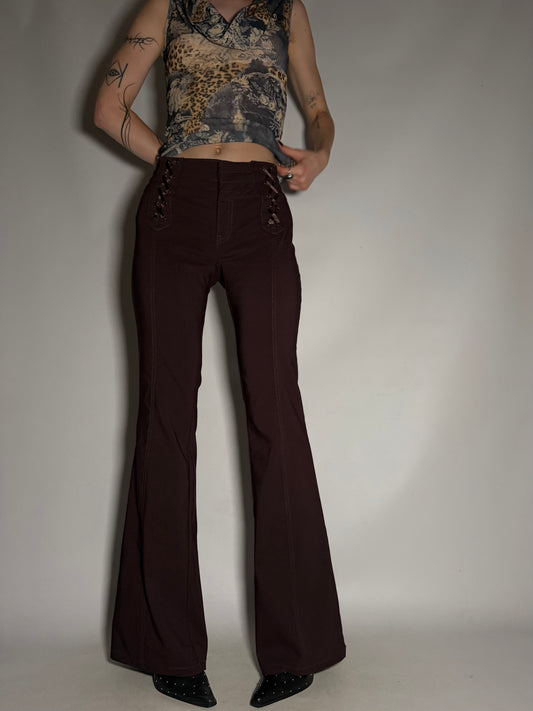 Vintage Brown Flared Pants with Front Corset Lacing TWINKLING