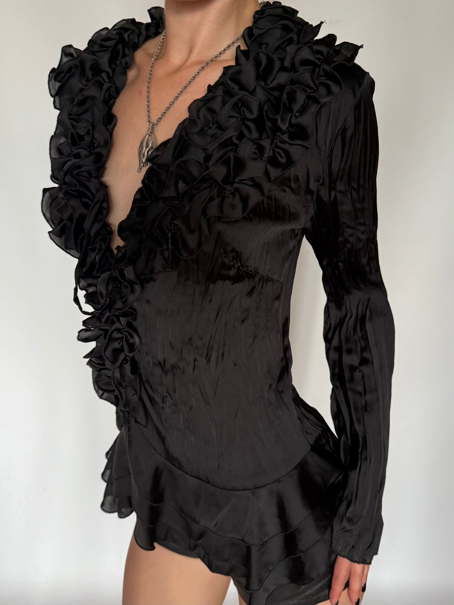 Vintage Satin Ruffle Peplum Blouse Black Twinkling Global