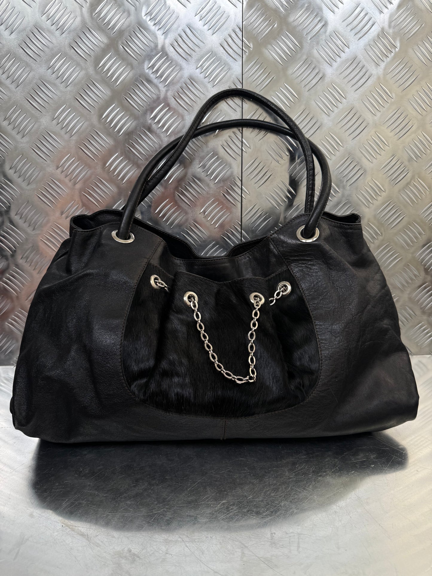 Vintage Furla Leather Bag with Pony Hair Detail Twinkling Global