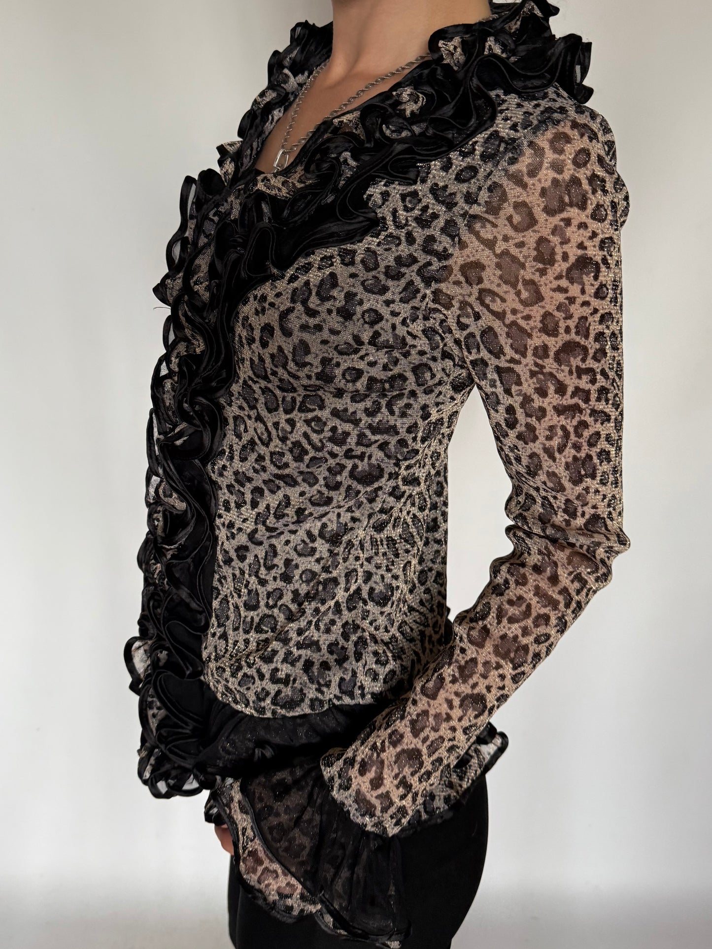 Vintage Leopard Ruffle Mesh Peplum Blouse Twinkling Global