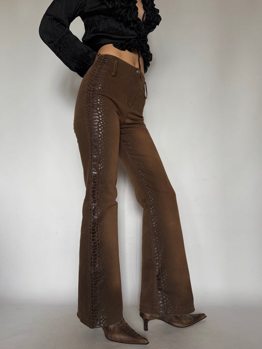 Vintage Brown Snake-Effect Flare Pants Twinkling Global