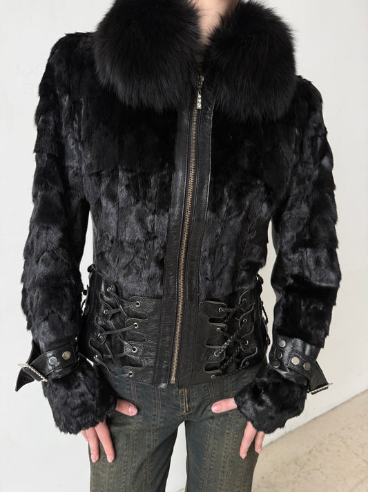 Vintage Leather & Real Fur Lace-Up Jacket TWINKLING GLOBAL