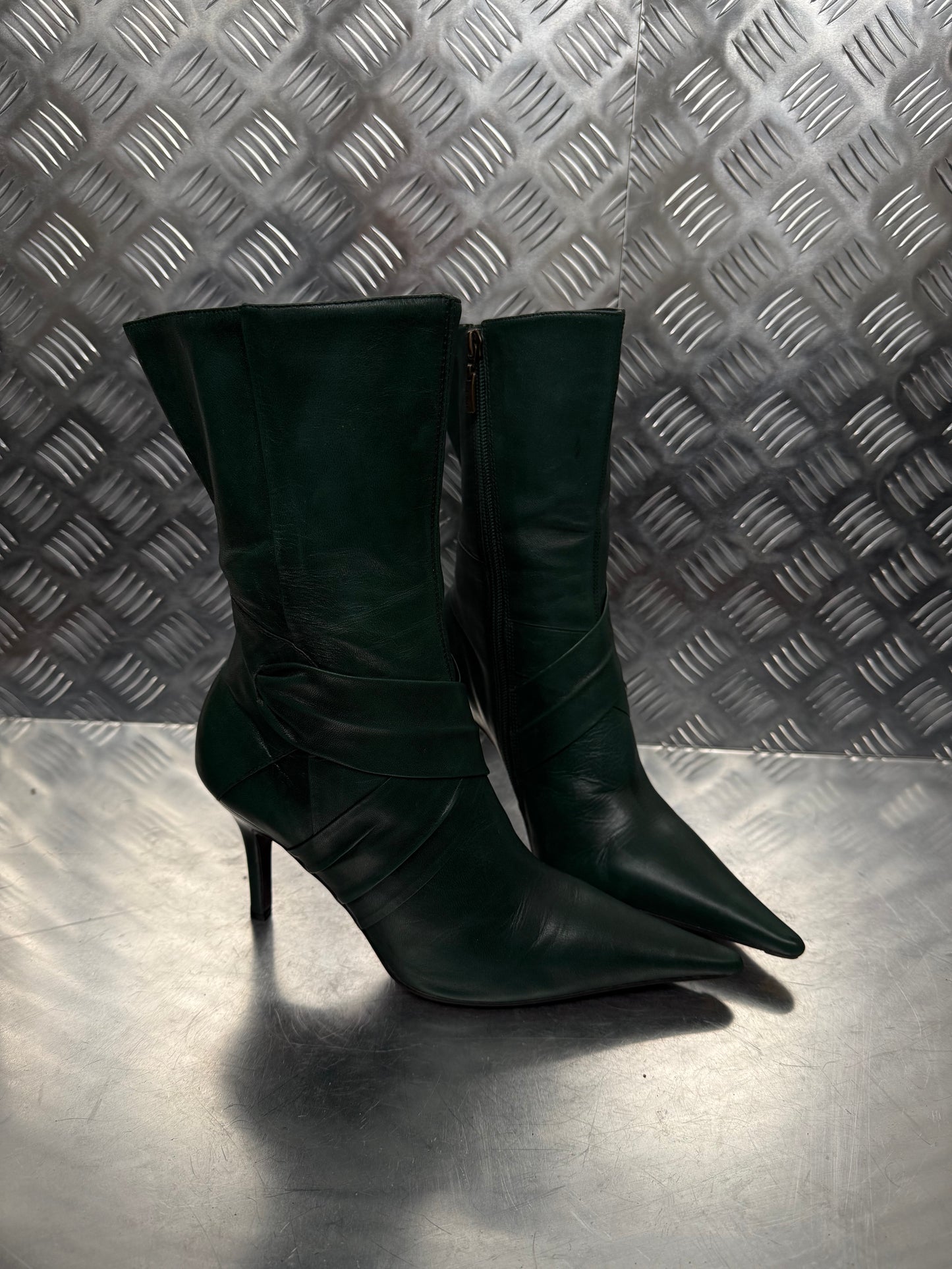 Vintage Dark Green Leather Heeled Boots FAITH TWINKLING GLOBAL