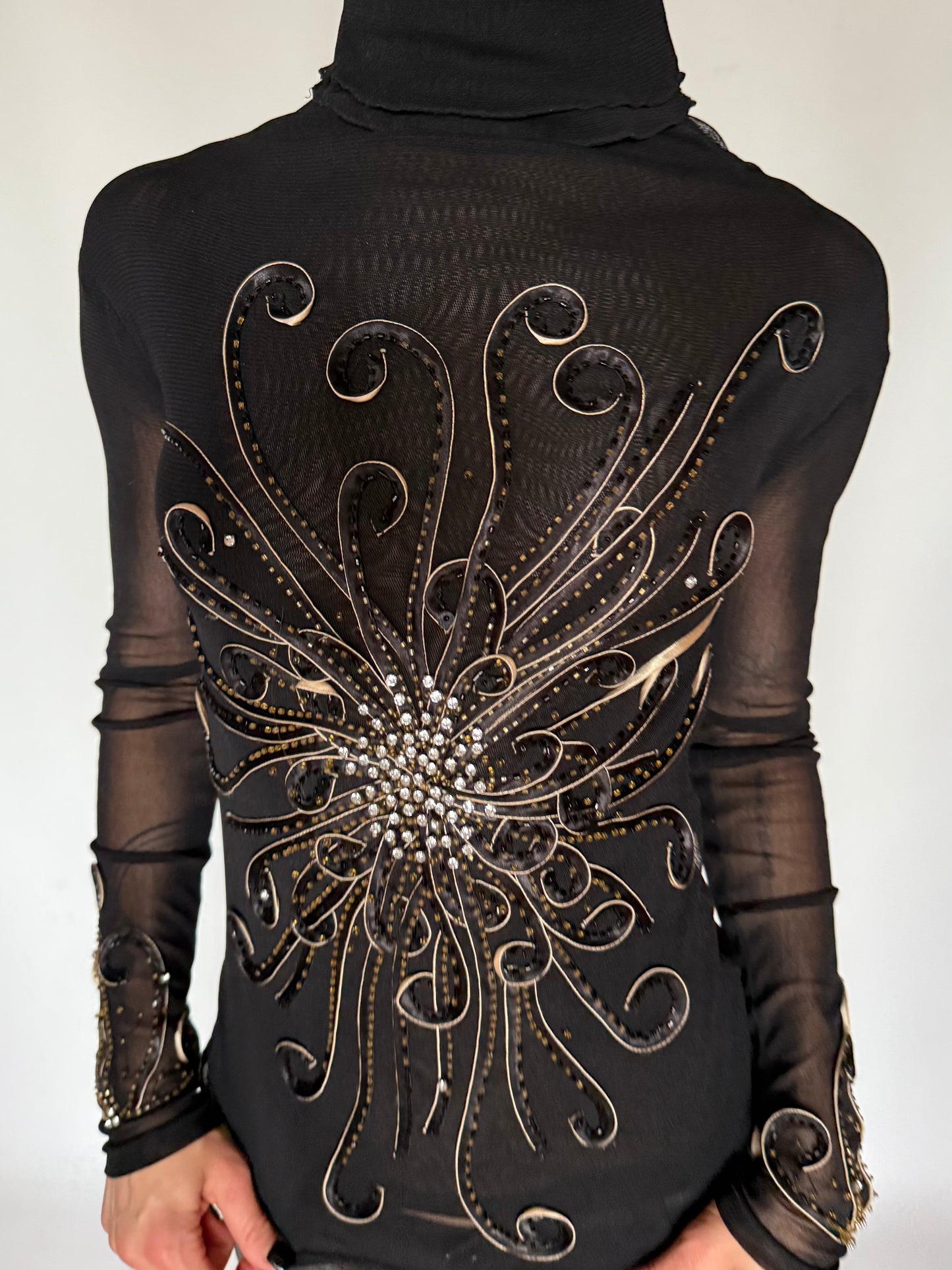 Vintage Embellished Sheer Turtleneck Blouse Black Twinkling Global